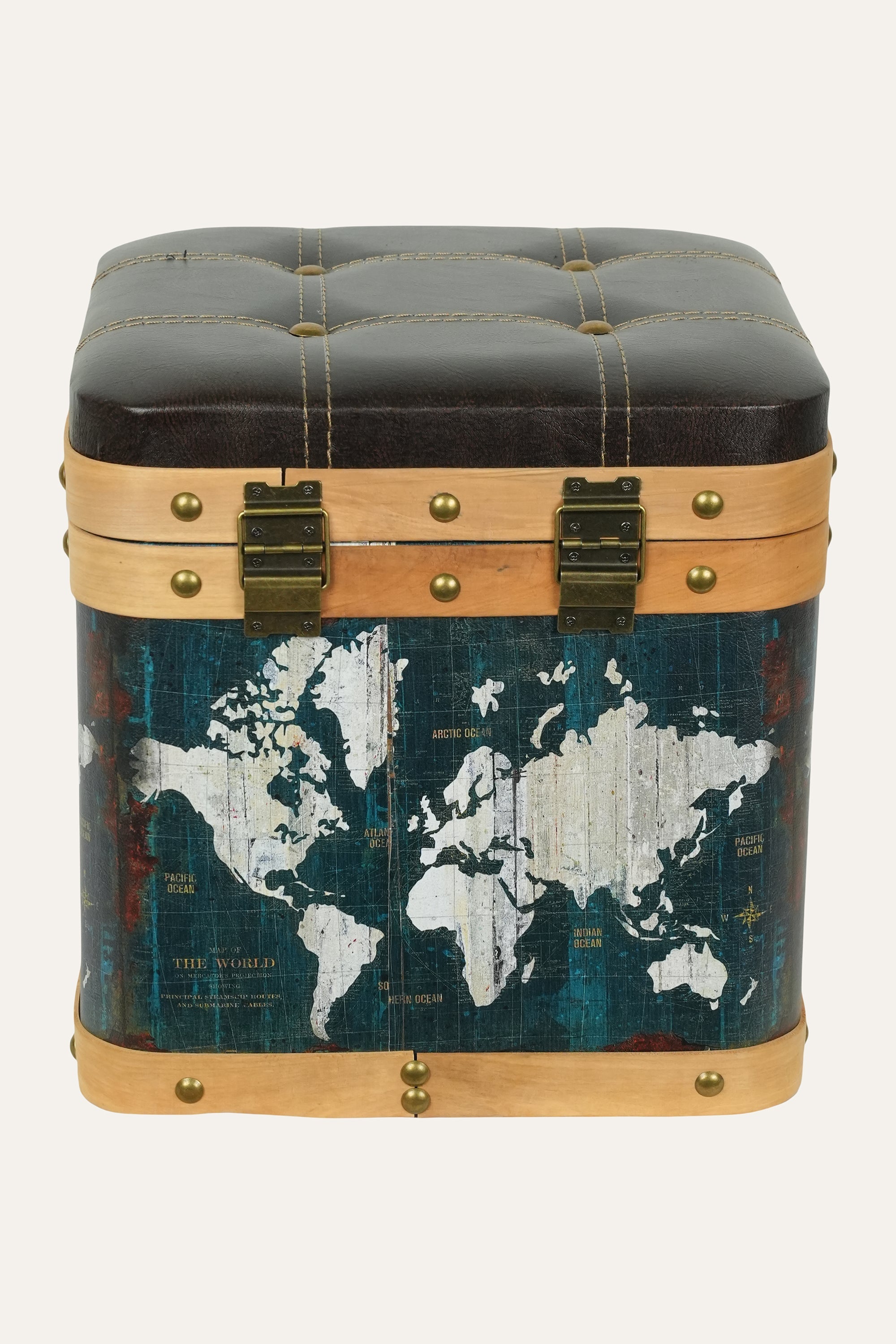 wooden storage stool world map print