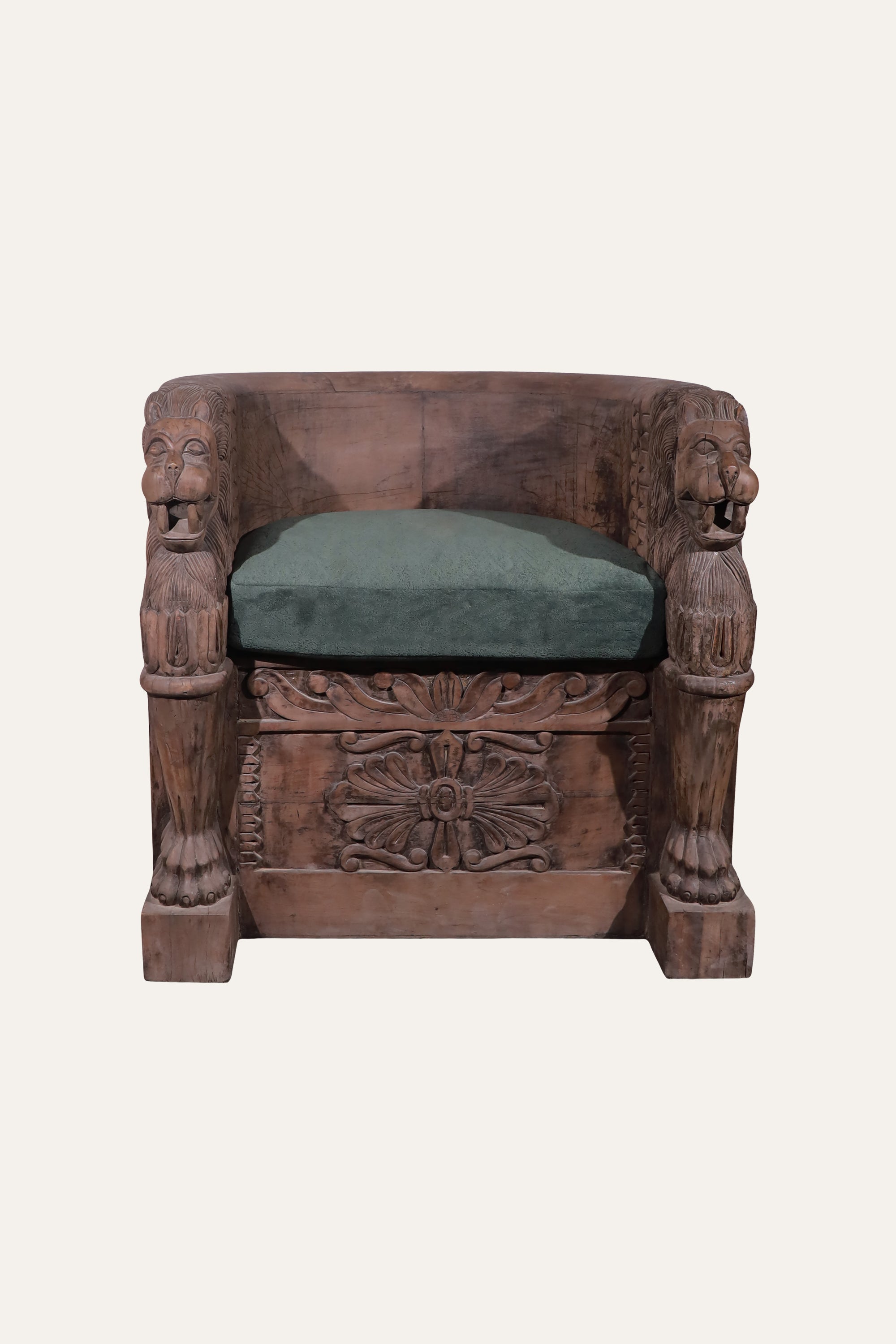 Hand-Carved Wooden Upholstered Barrel Chair with Lion Armrests.