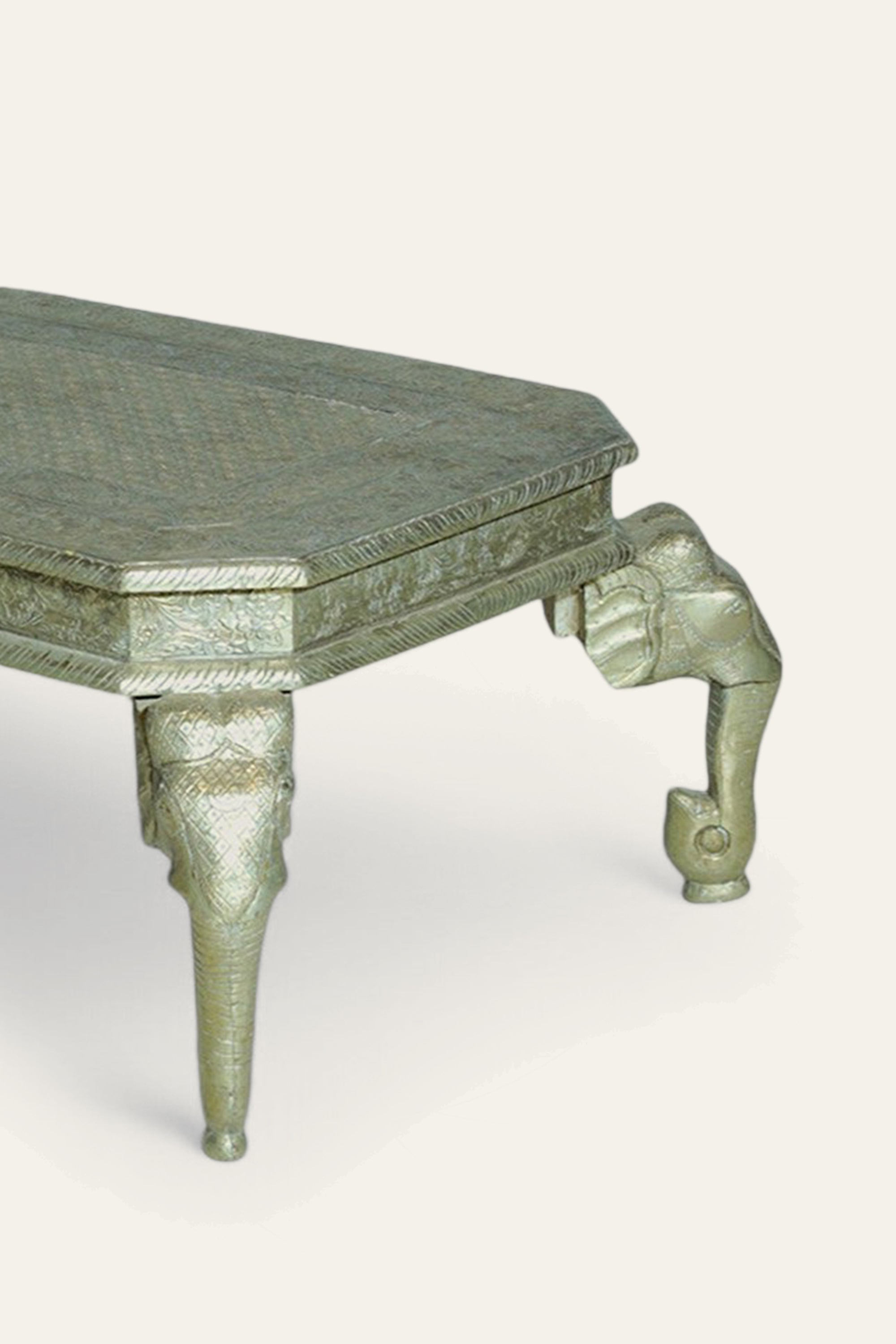 Heritage Style White Metal Coffee Table with Carved Elephant Motif Legs