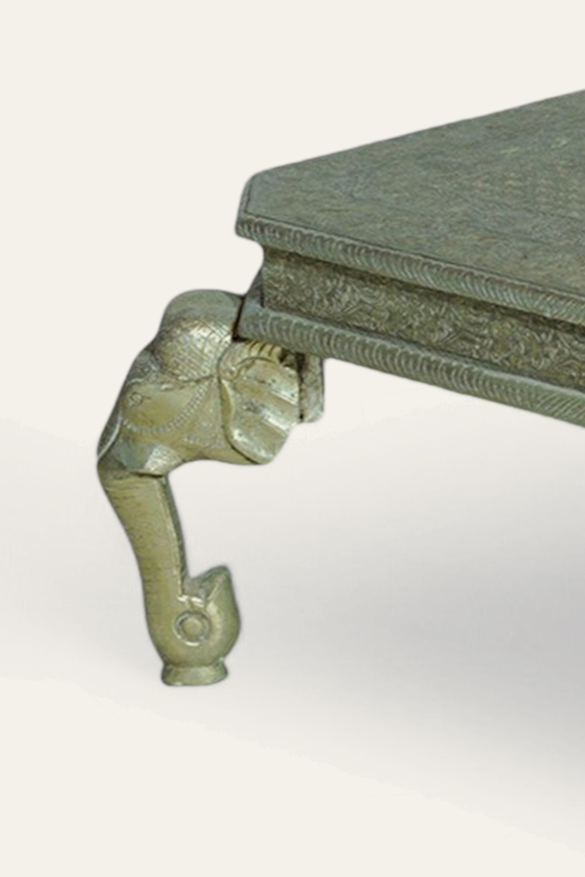 Heritage Style White Metal Coffee Table with Carved Elephant Motif Legs