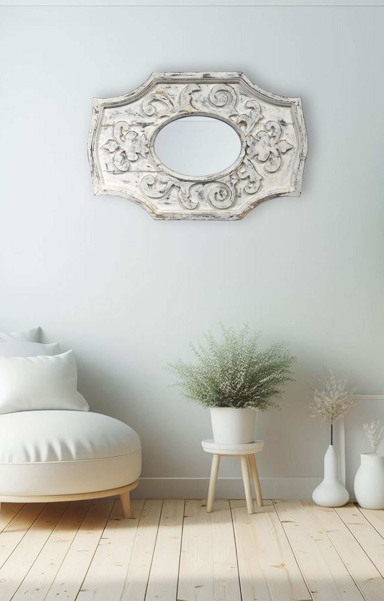 White distressed carved acacia wooden mirror