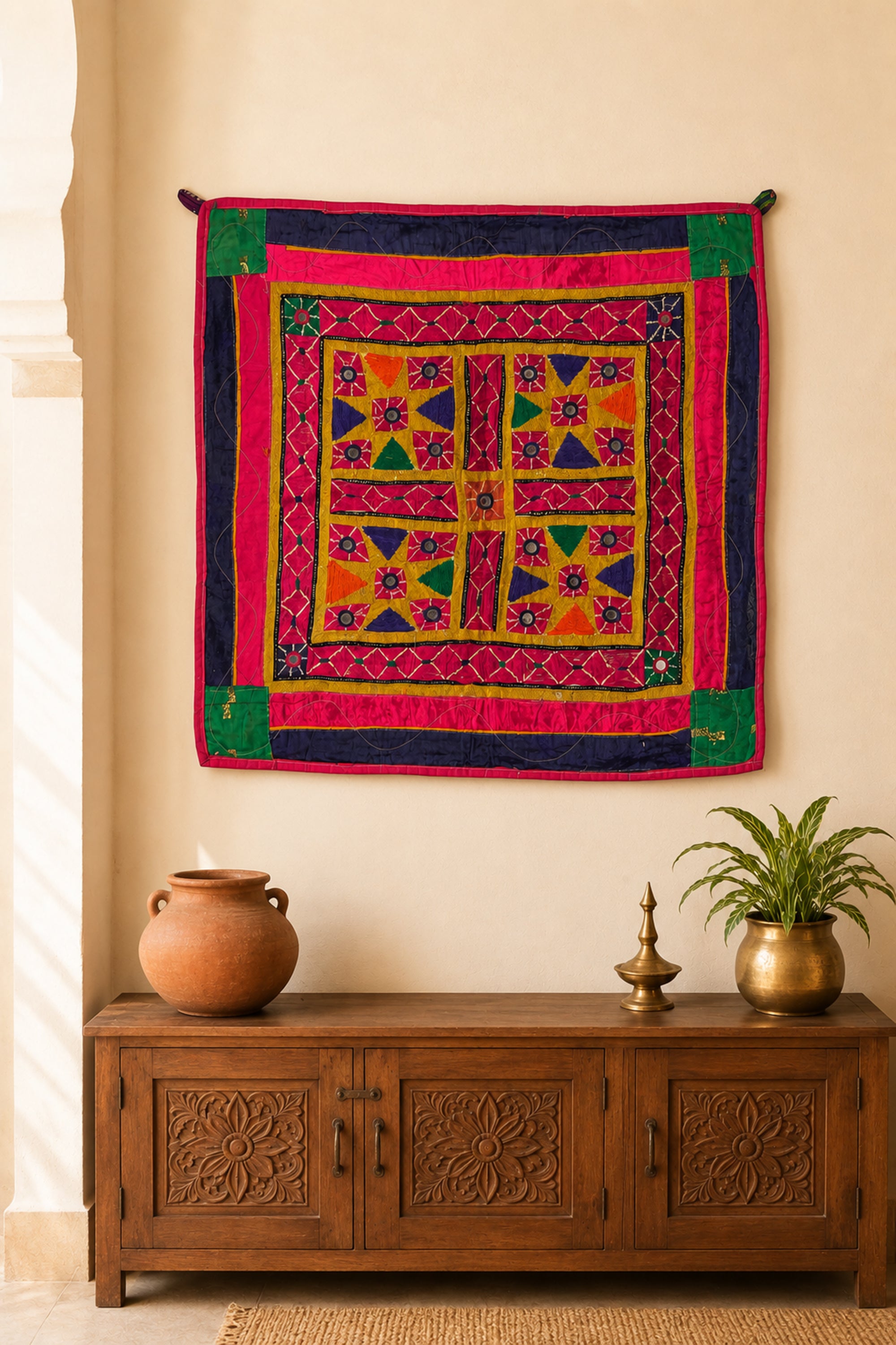 Fuchsia Mirrorwork Gujarati Textile Panel Wall Decor