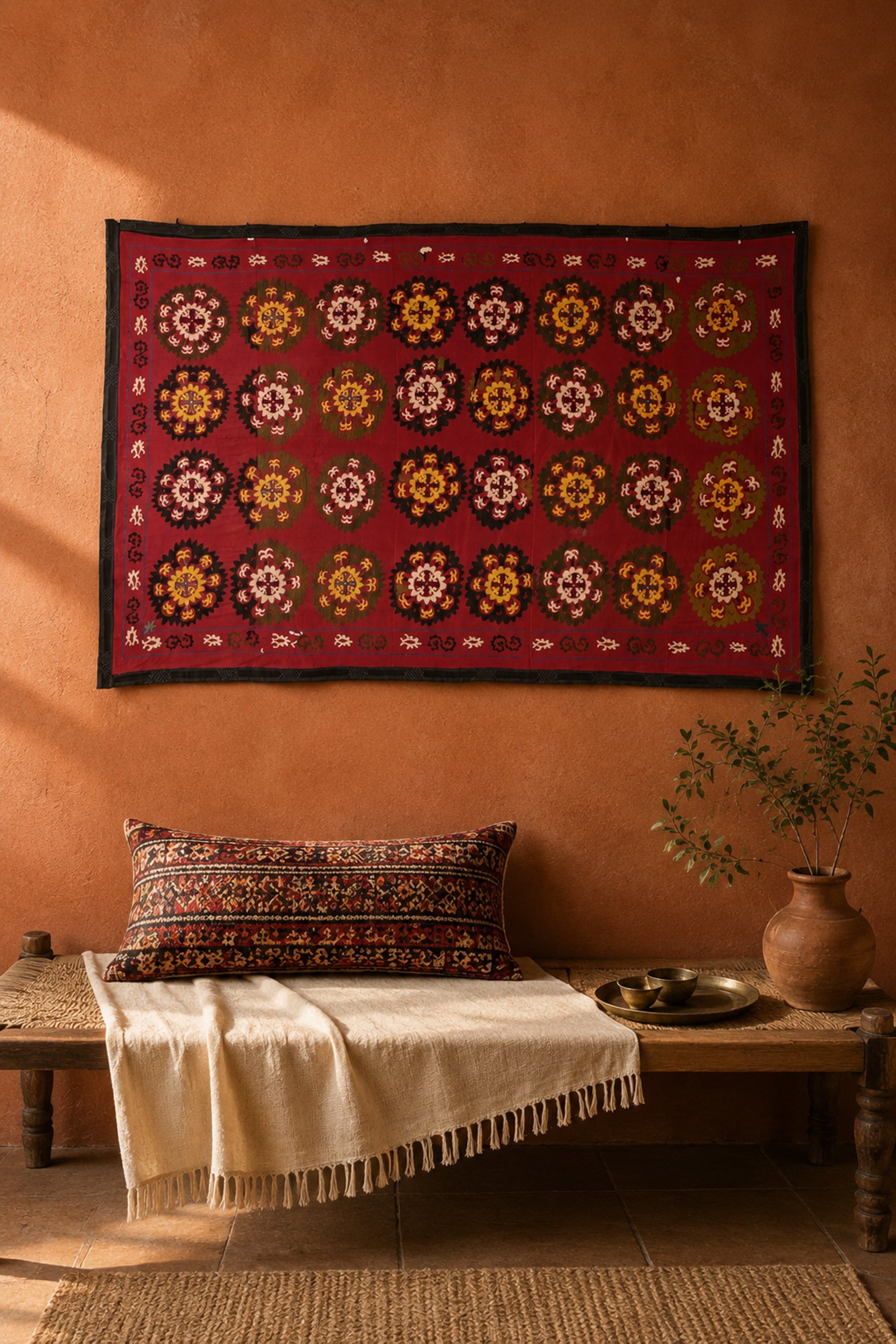 Red Floral Medallion Suzani Antique Wall Tapestry