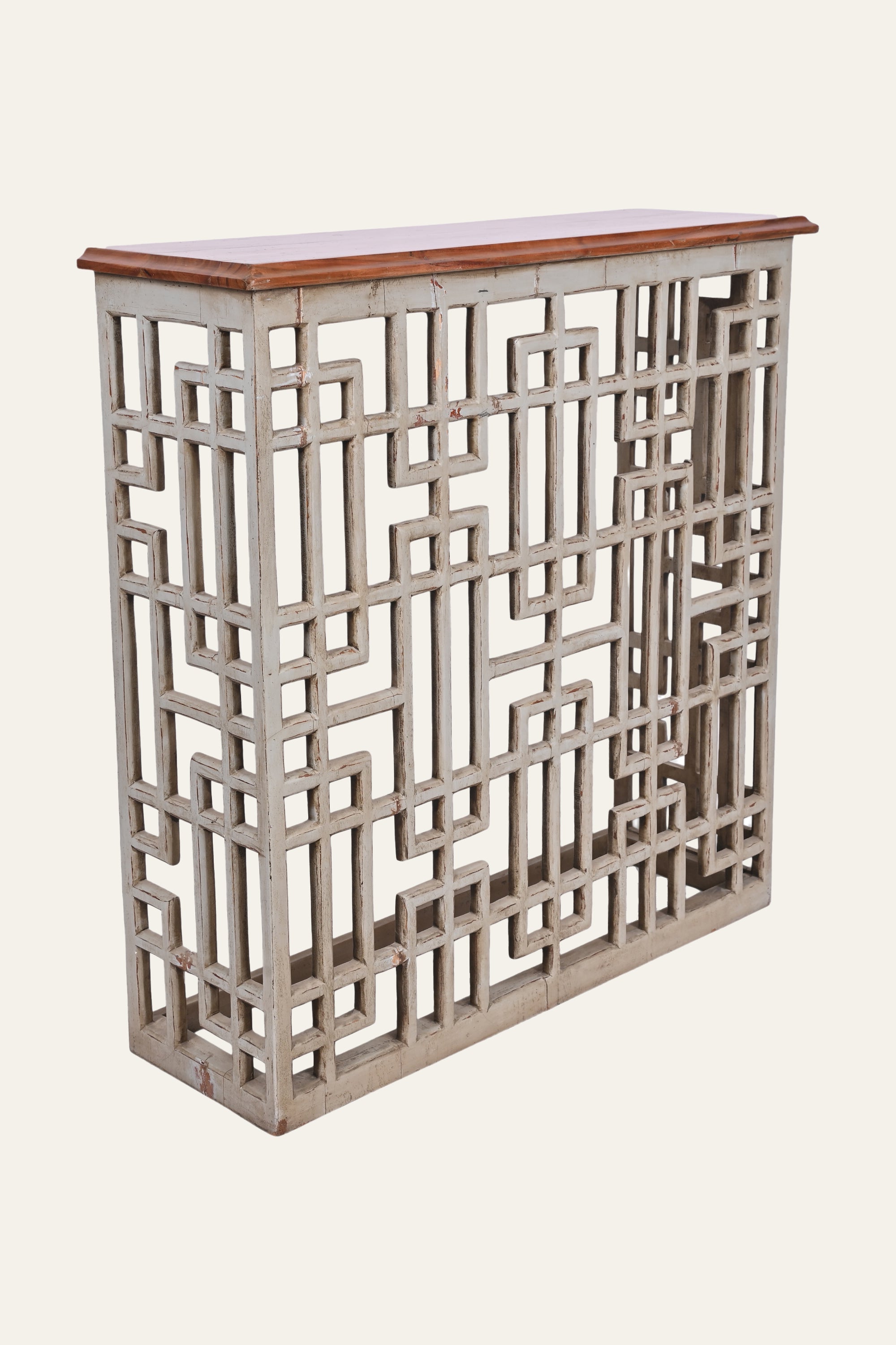 Japanese-Inspired Lattice Open Frame Console Table with Brown Top