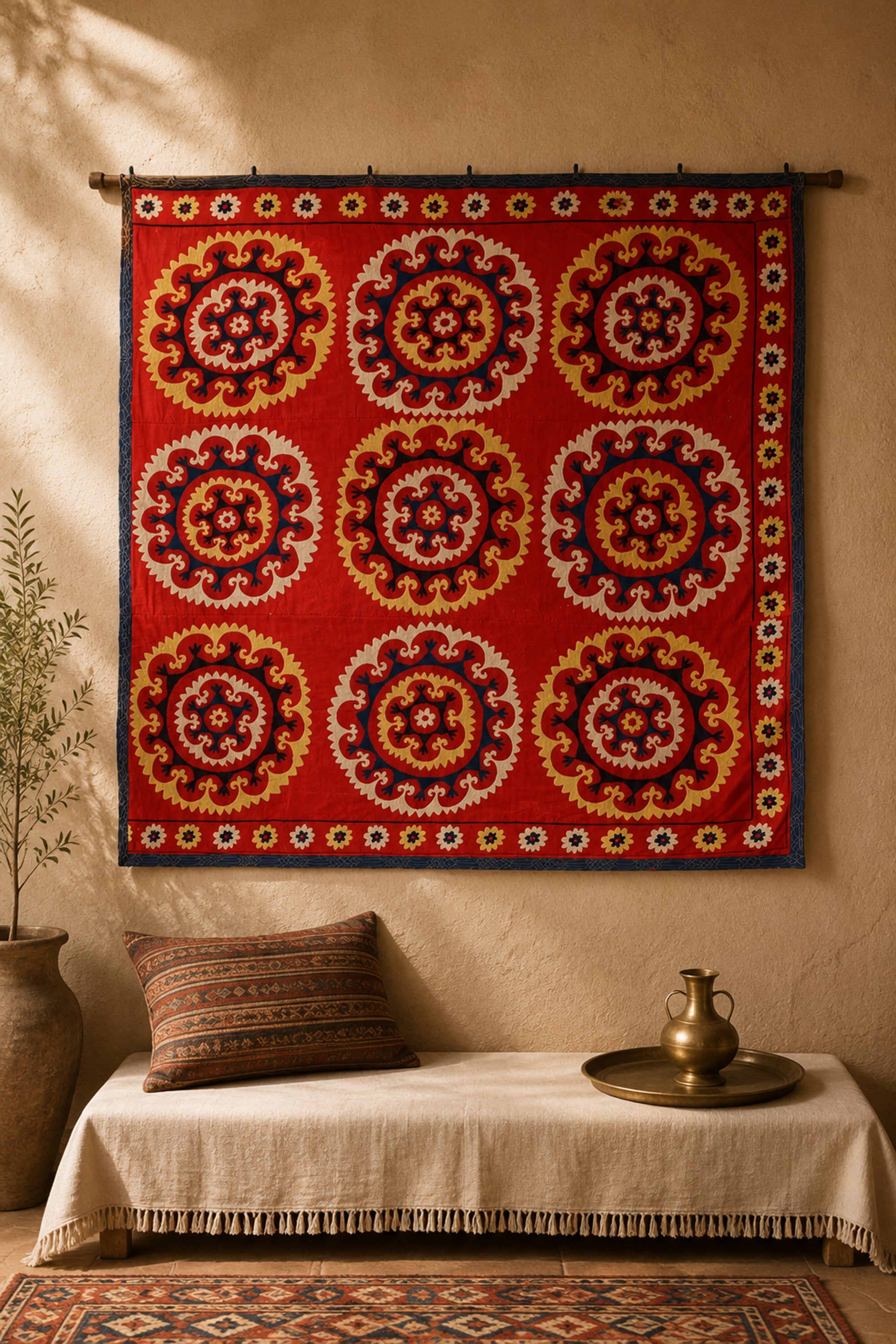 Rosette Red Suzani Antique Wall Tapestry