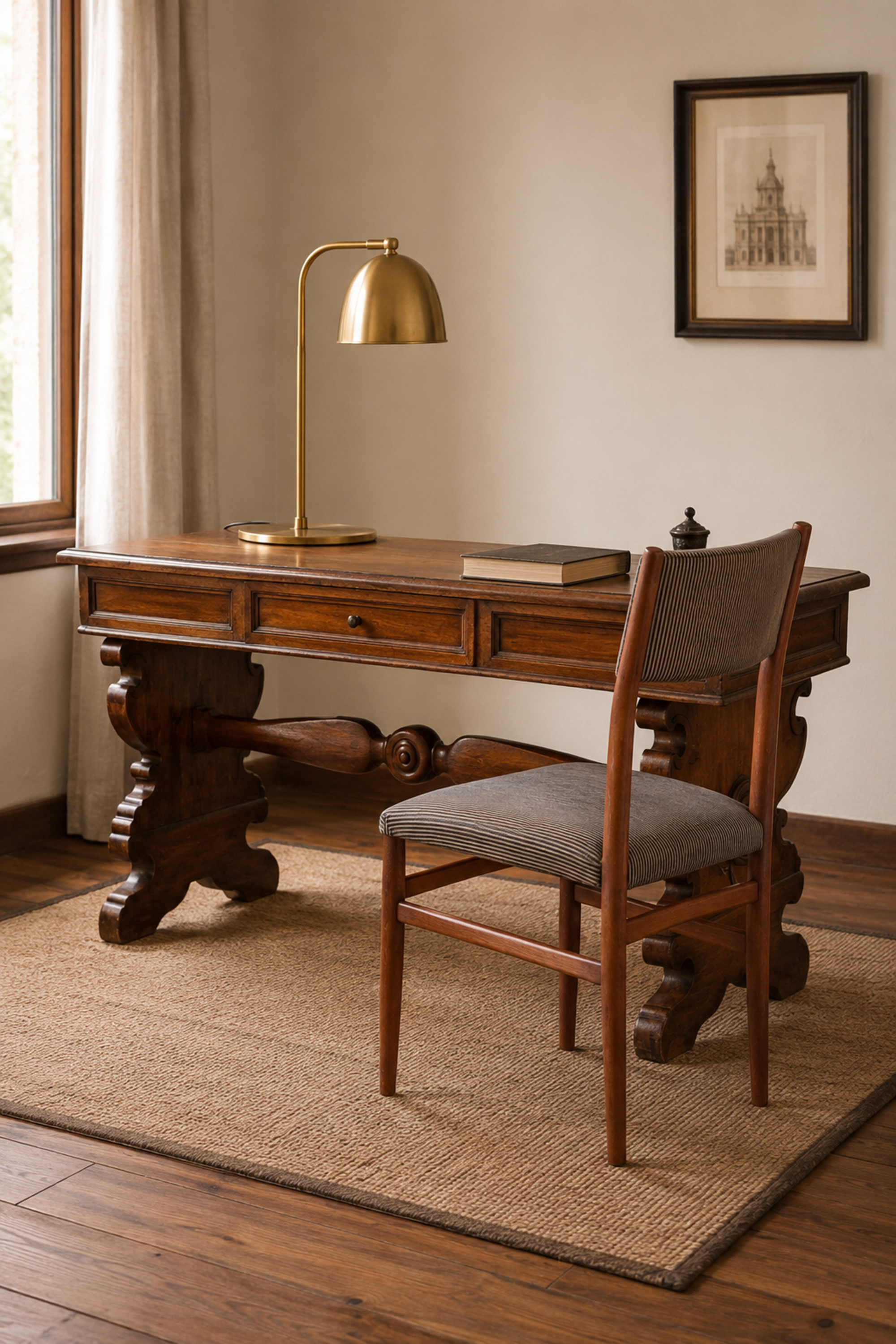 Italian Style Trestle Wooden 1-Drawer Study Table