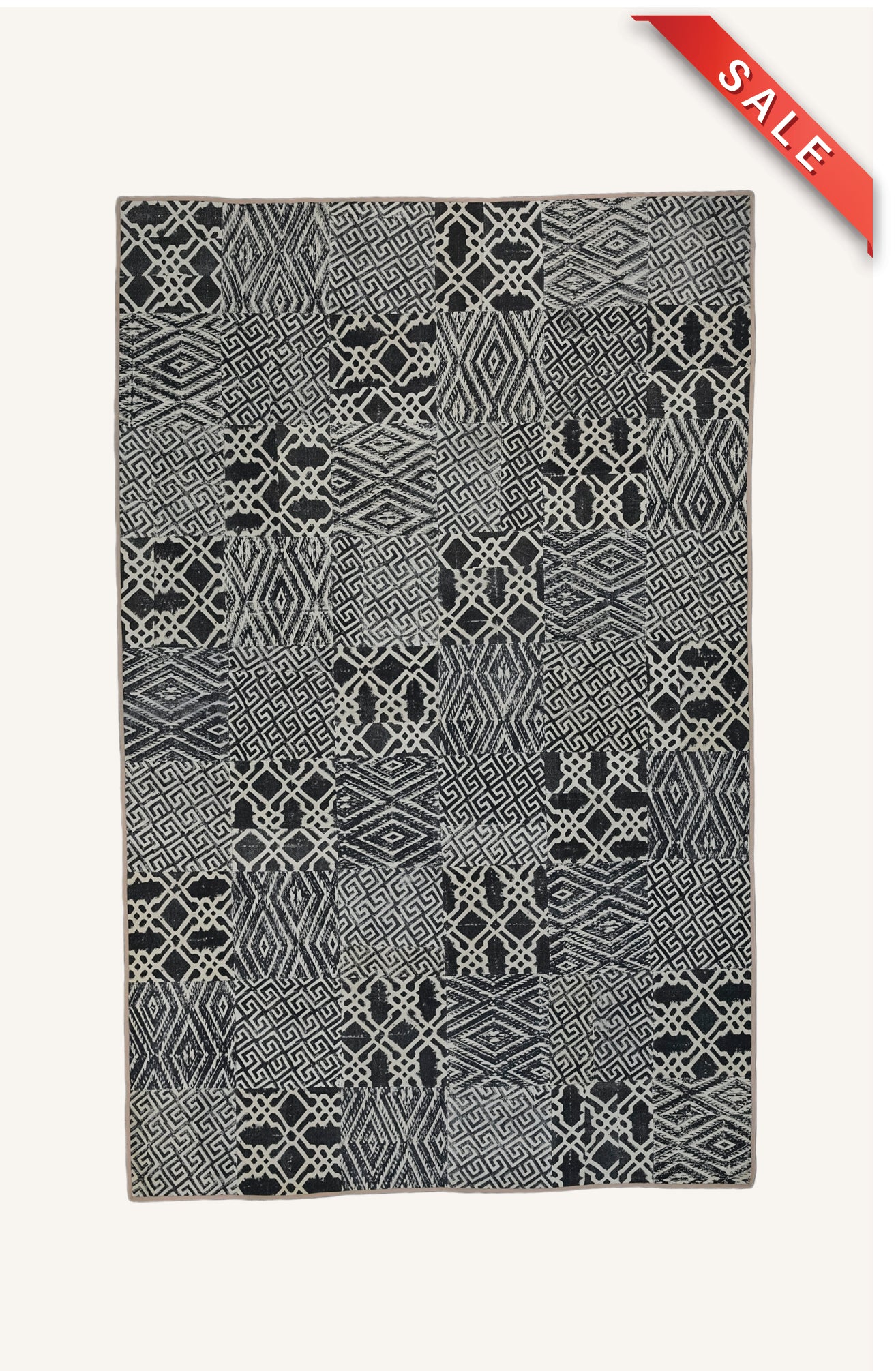 6.6 x 9.8 Ft Charcoal & Grey Patchwork Cotton Rug with Traditional Motifs