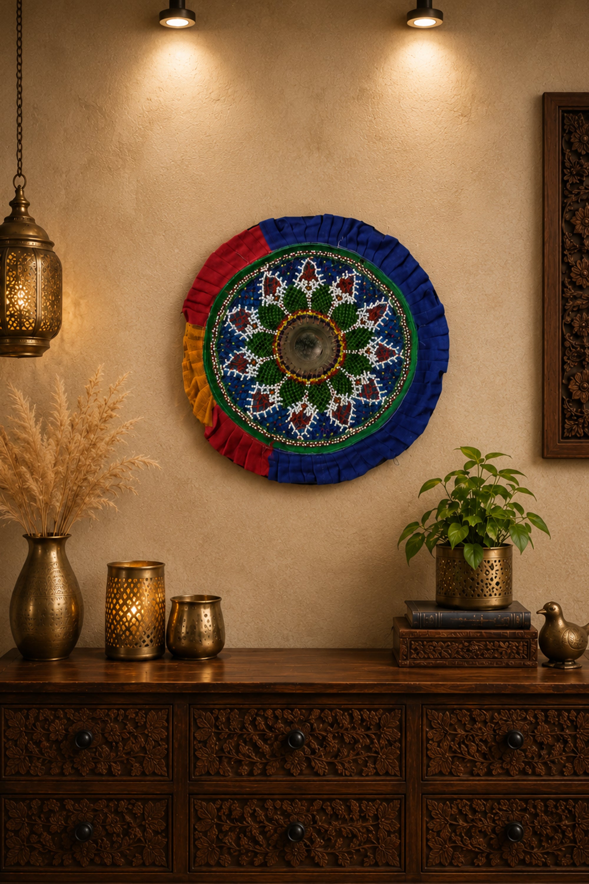 Round Gujarati Floral Beadwork Textile Panel