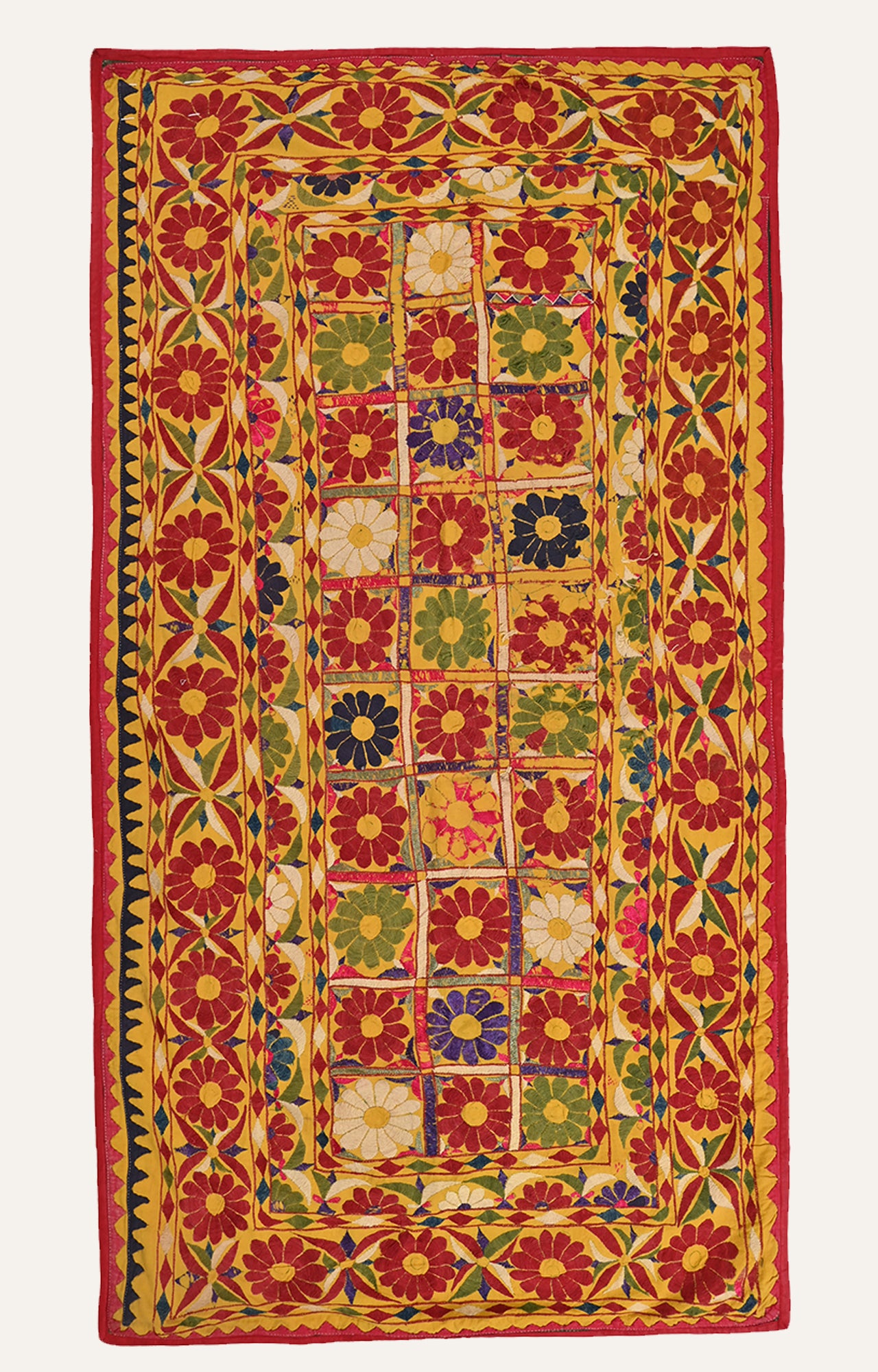 Vintage yellow Hand-Embroidered Gujarati Tapestry