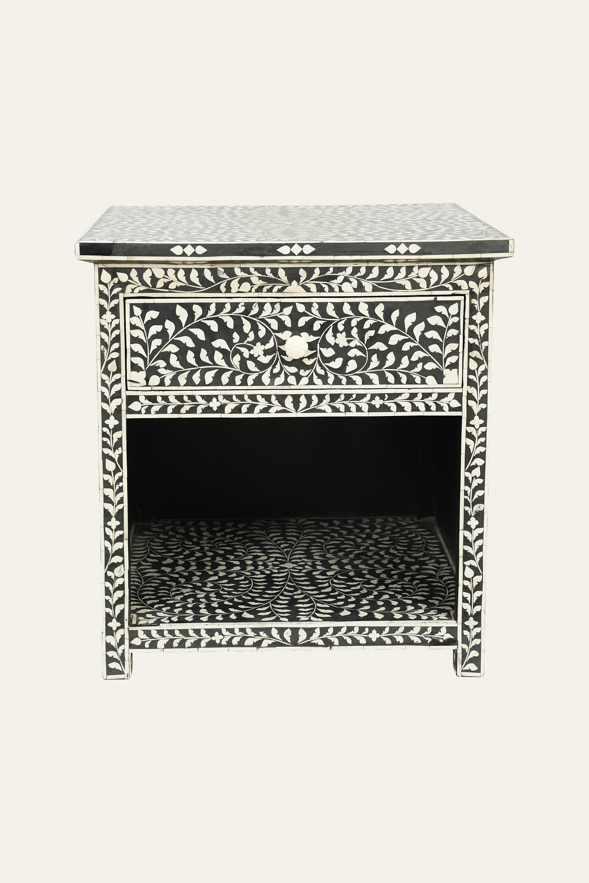 Black Bone Inlay Floral Bedside Table with Open Shelf