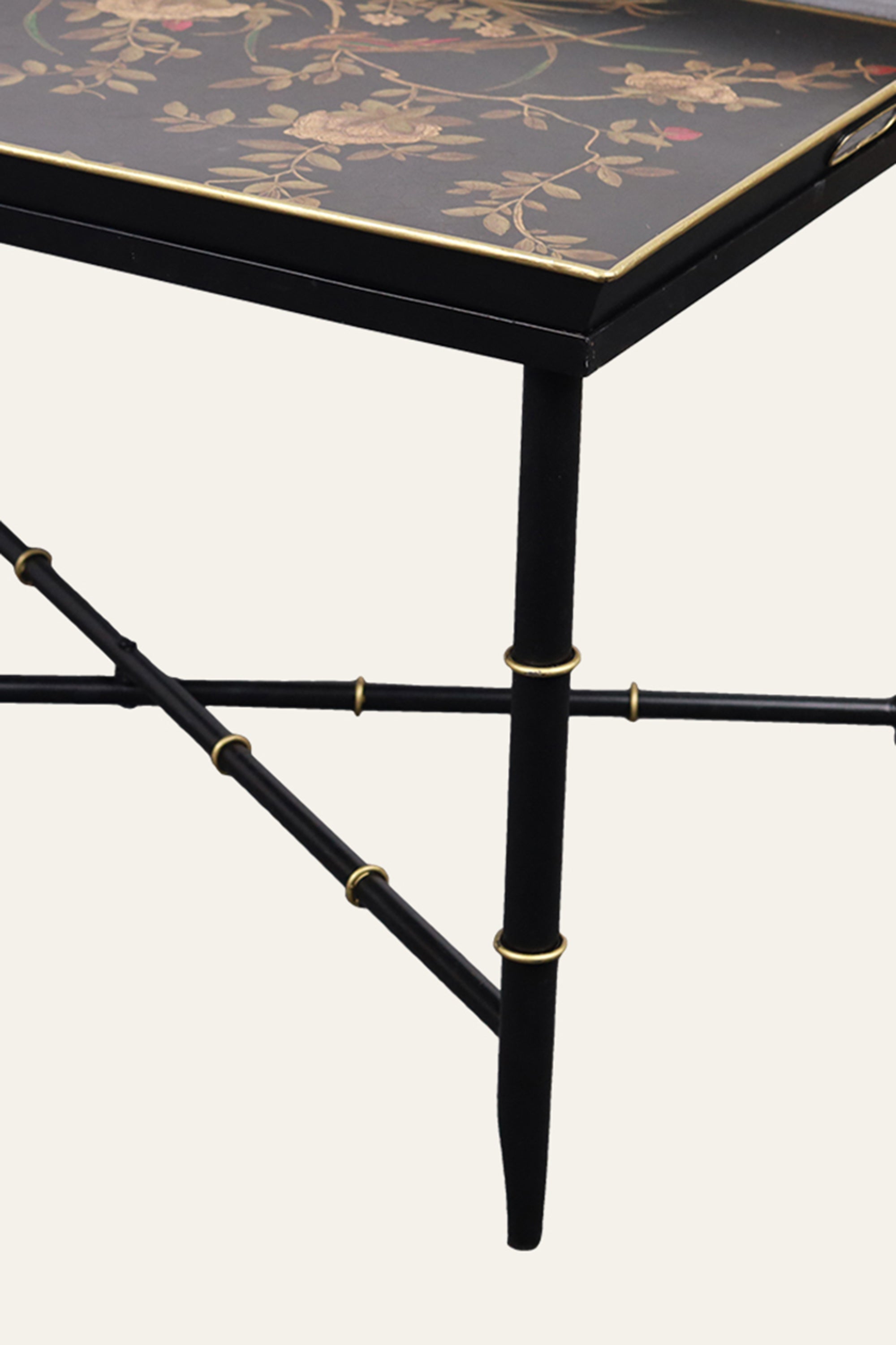 Black Metal Tray Table with Floral Motif