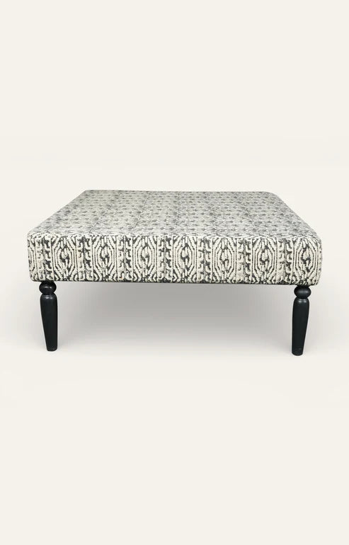 Ikat-Print Upholstered Square Ottoman with Black Turned Legs