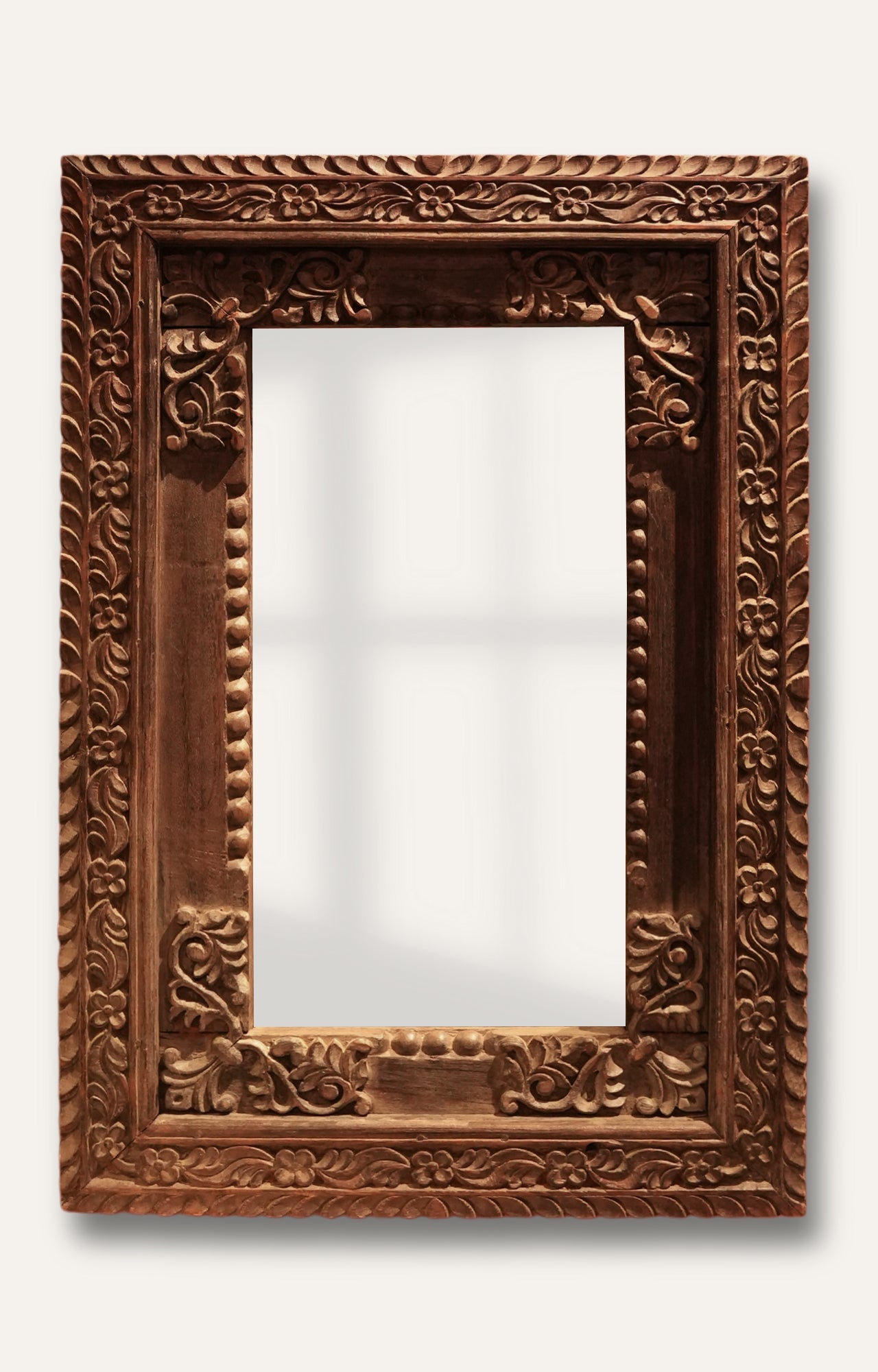 Rustic Hand-Carved Wooden Mirror Frame