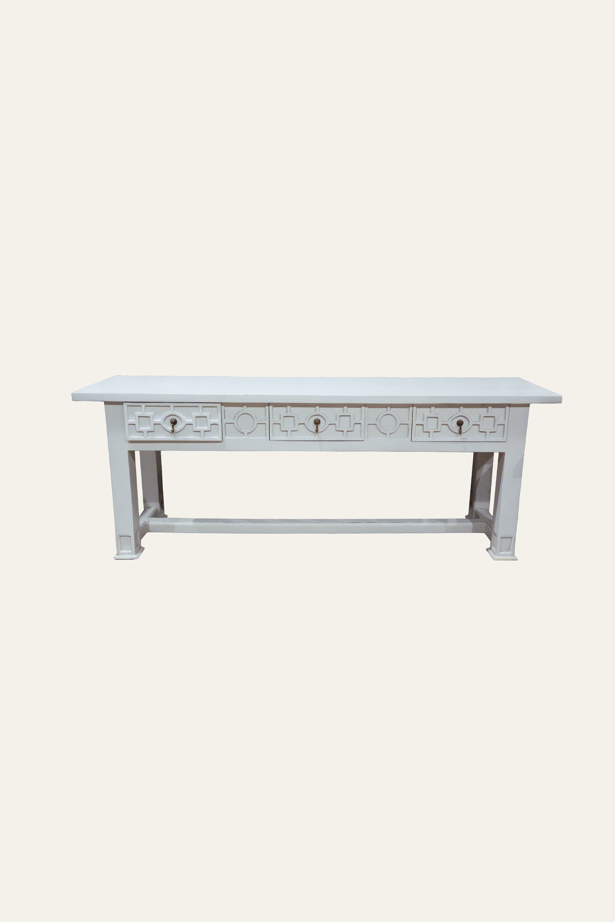 White Wooden Carved Geometric Pattern Console  with 3 Drawers