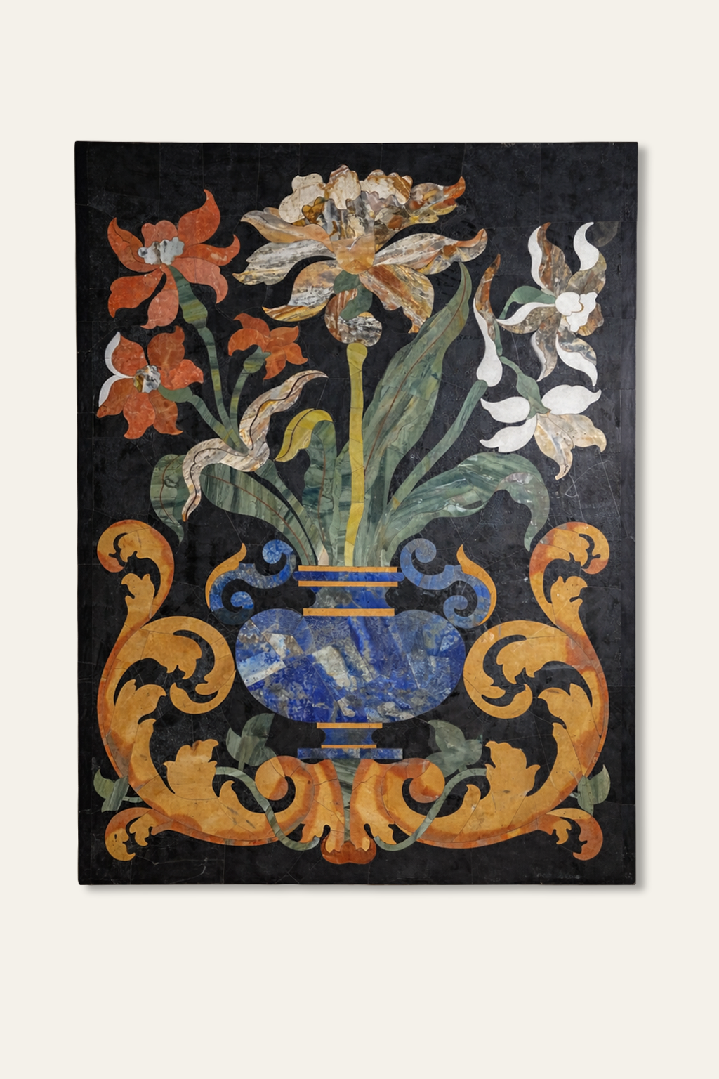 Black Marble Semi Precious Stone Inlay Floral Wall Panel