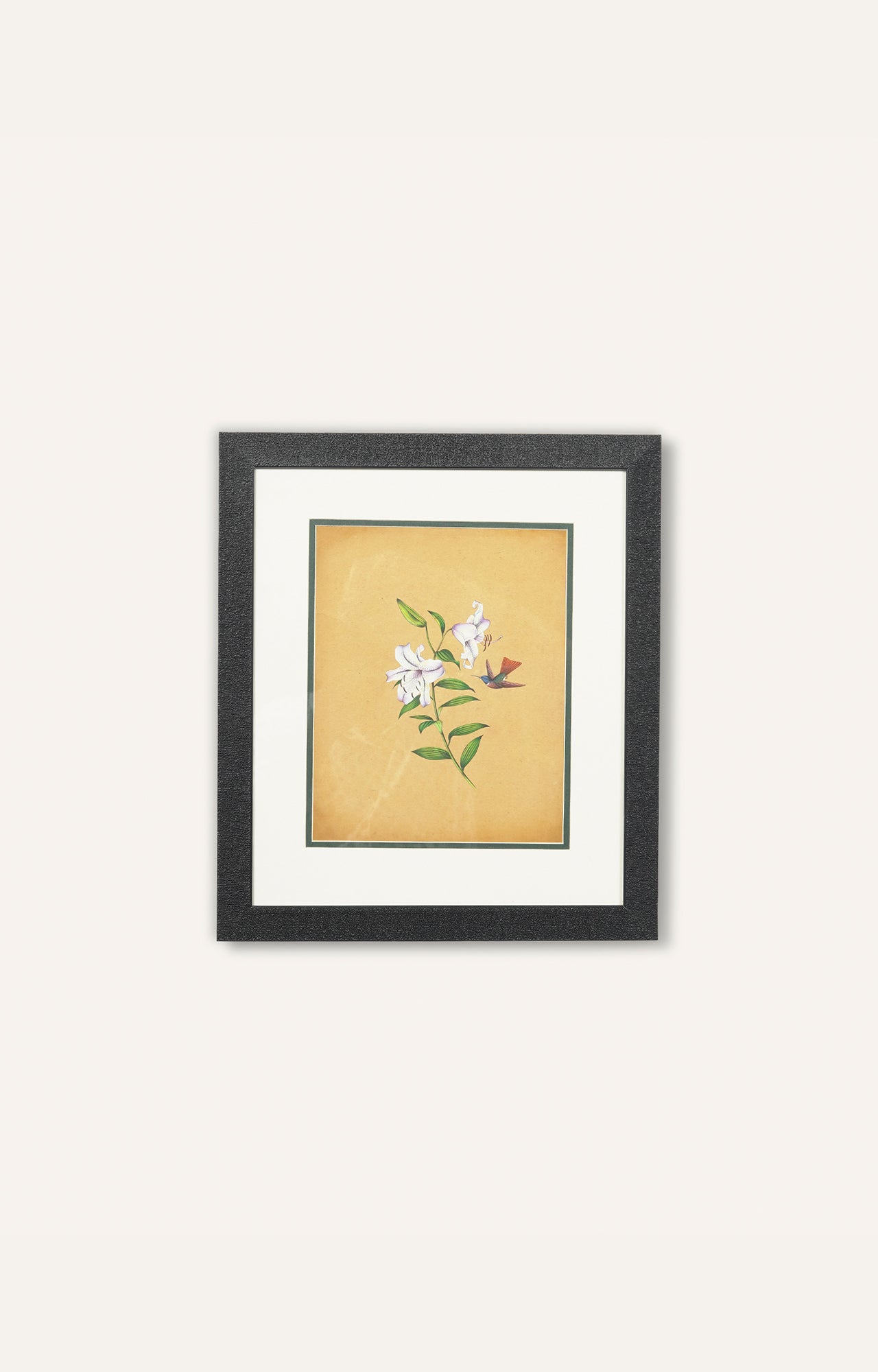 Vivid Framed Painting of a Hummingbird Perched on a Colorful Flower