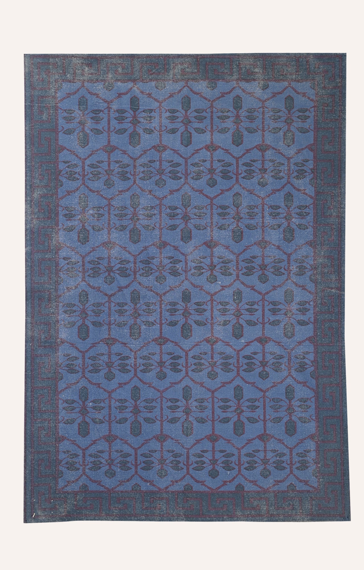 Handwoven Block Printed Trellis Geometric Blue Rug