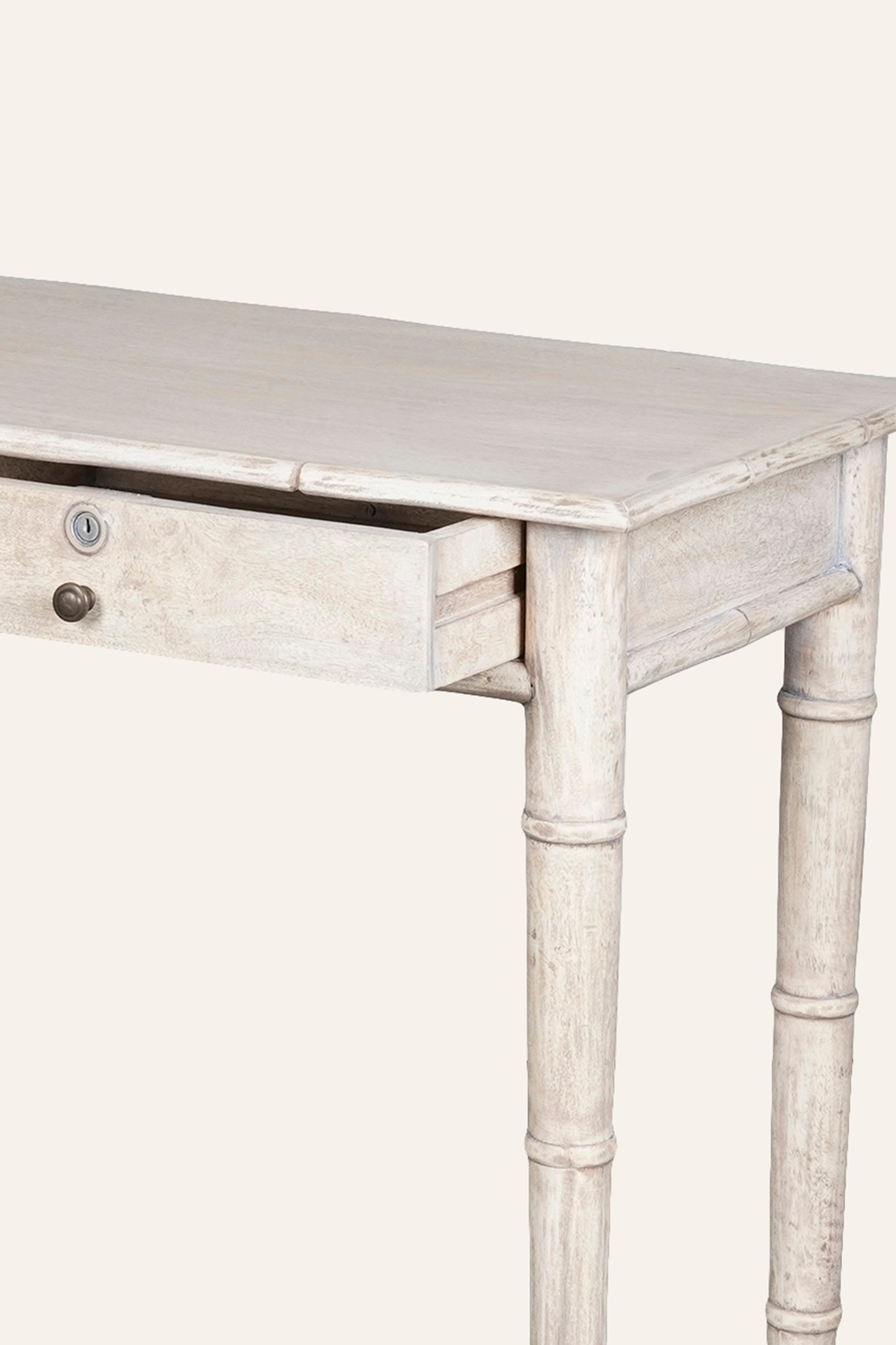 Distressed White Bamboo Style Study Table with Storage Drawers