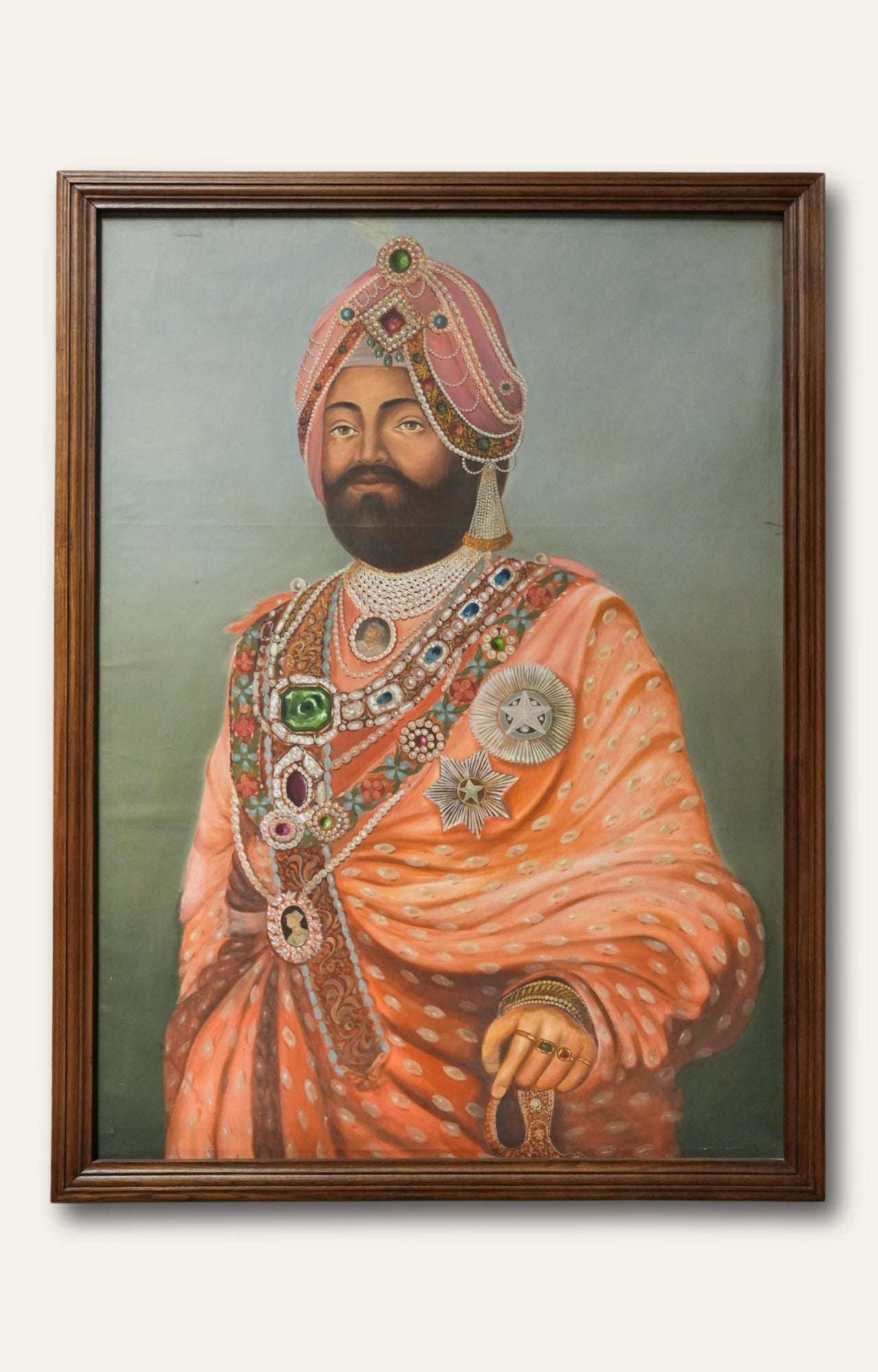 Rajput Maharaja in Jeweled Pink Turban Portrait