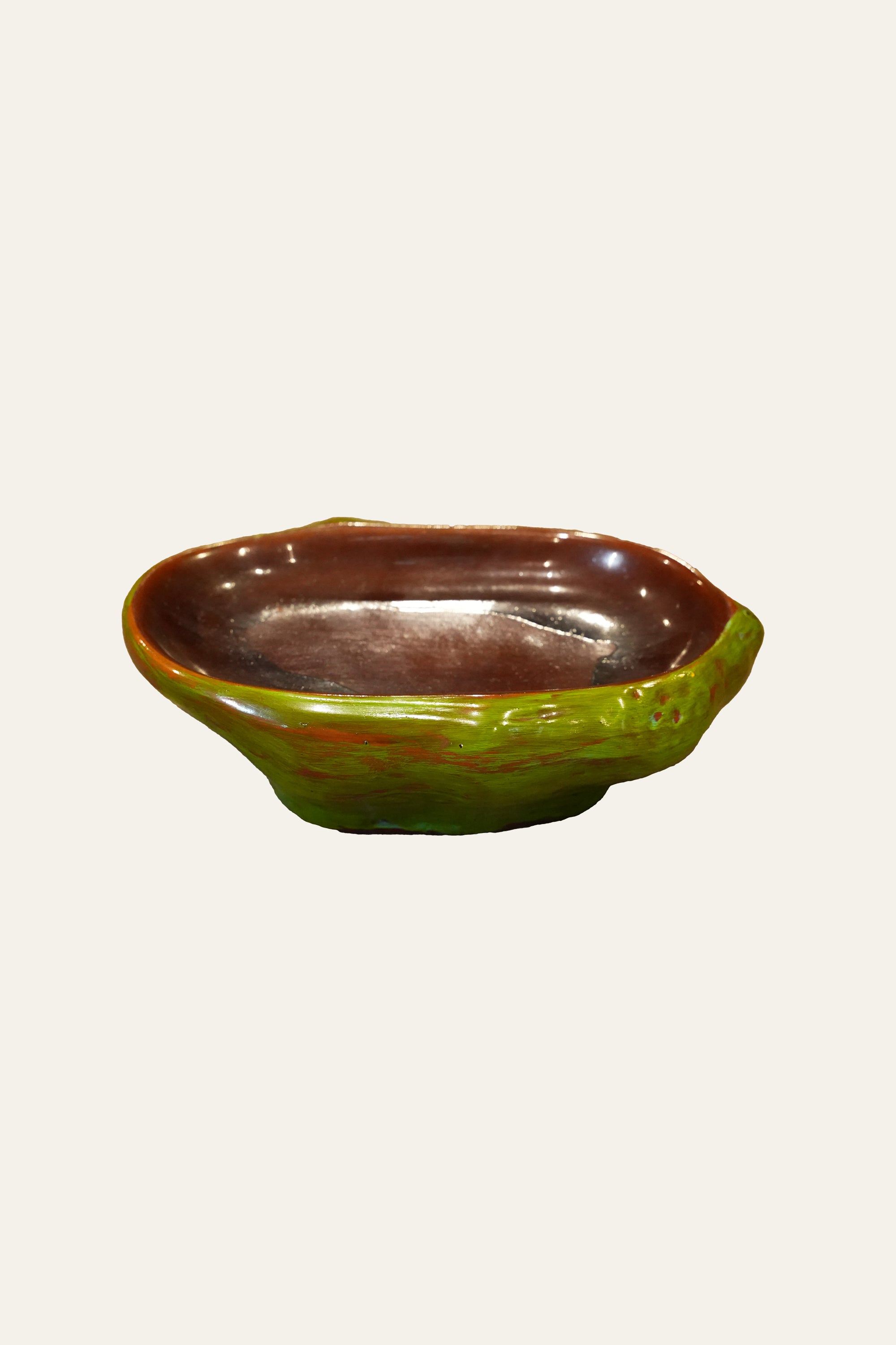 Oval Green & Brown Glazed Ceramic Bowl