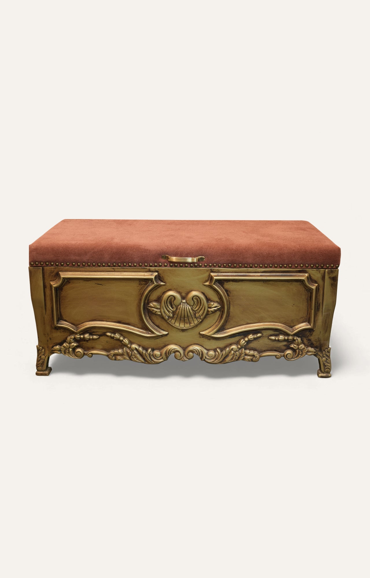 Gold Carved Storage Bench with Velvet Upholstered Seat