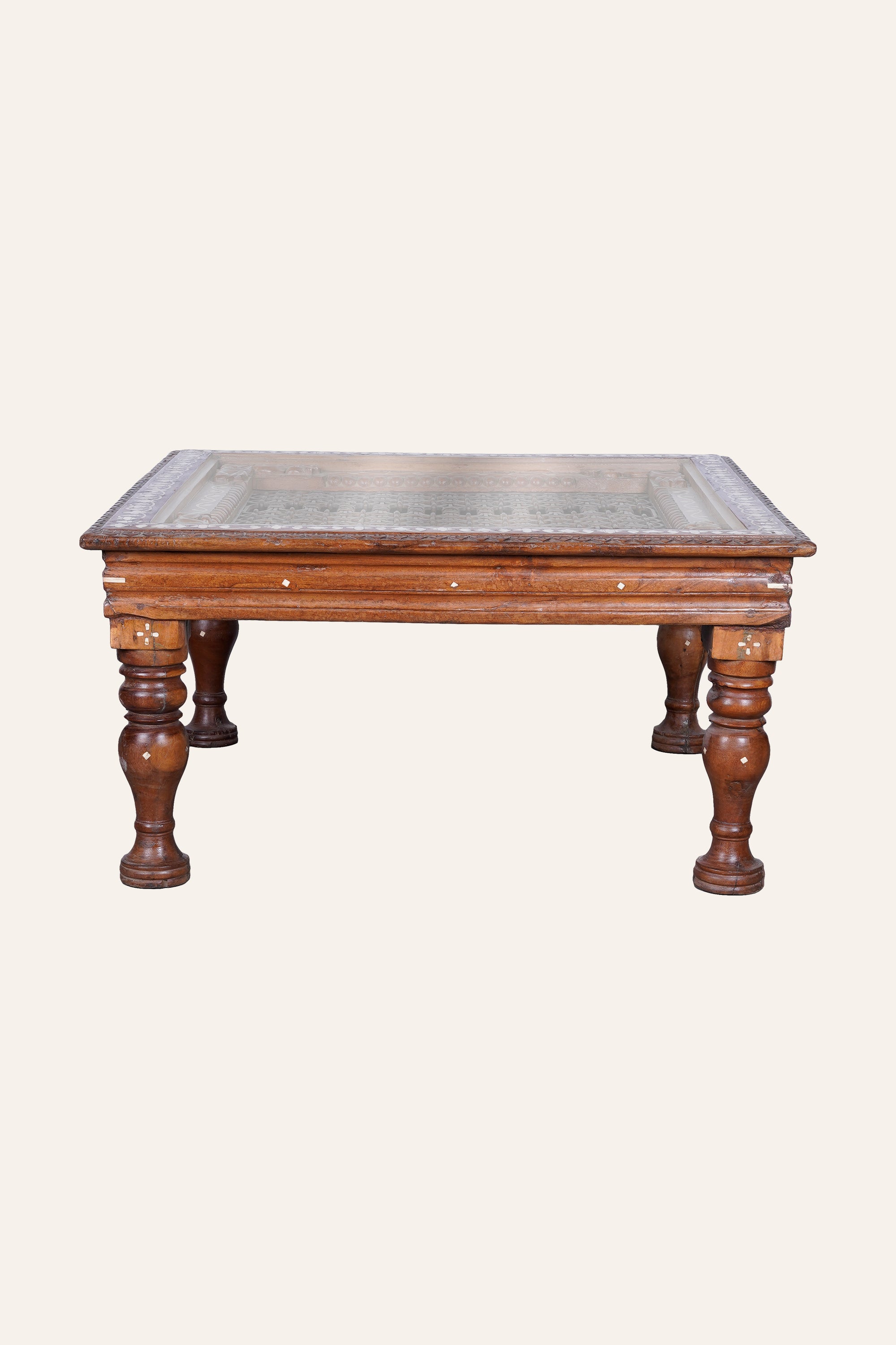 Bone Inlay Border Indian Style Coffee Table with Metal Mesh