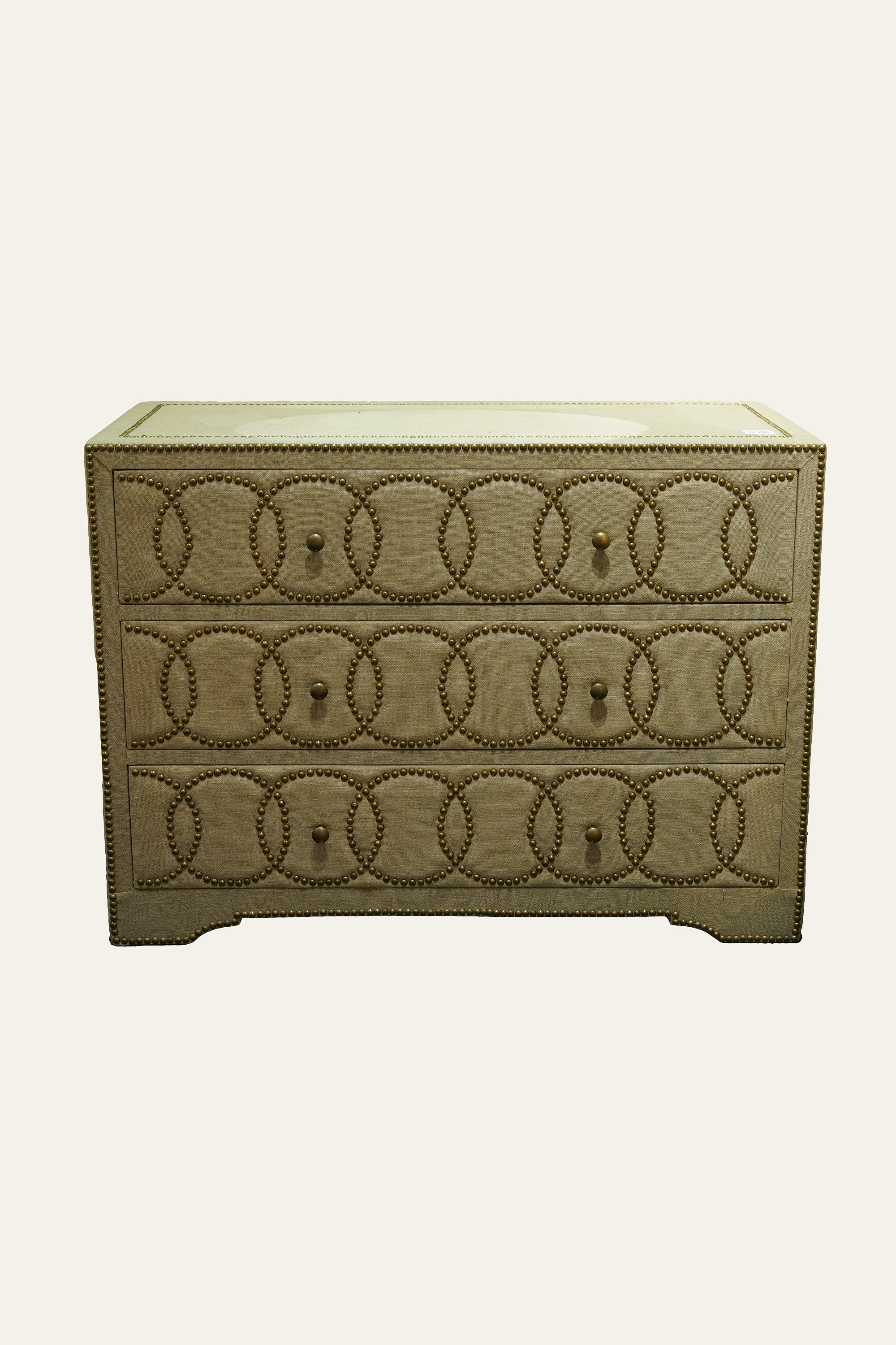 Linen Upholstered Wooden Chest of Drawer with Brass Rivets