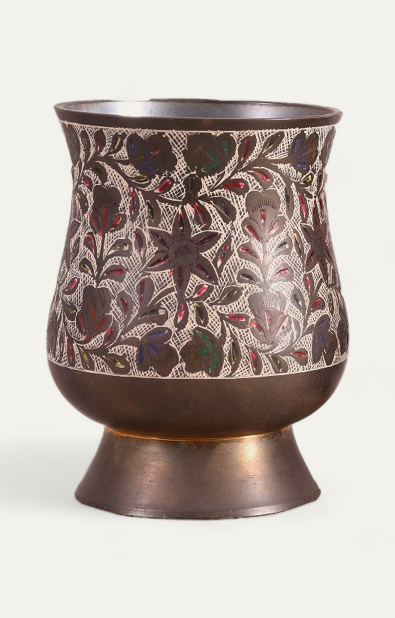 Brass Mug with Hand-Painted Floral Carvings