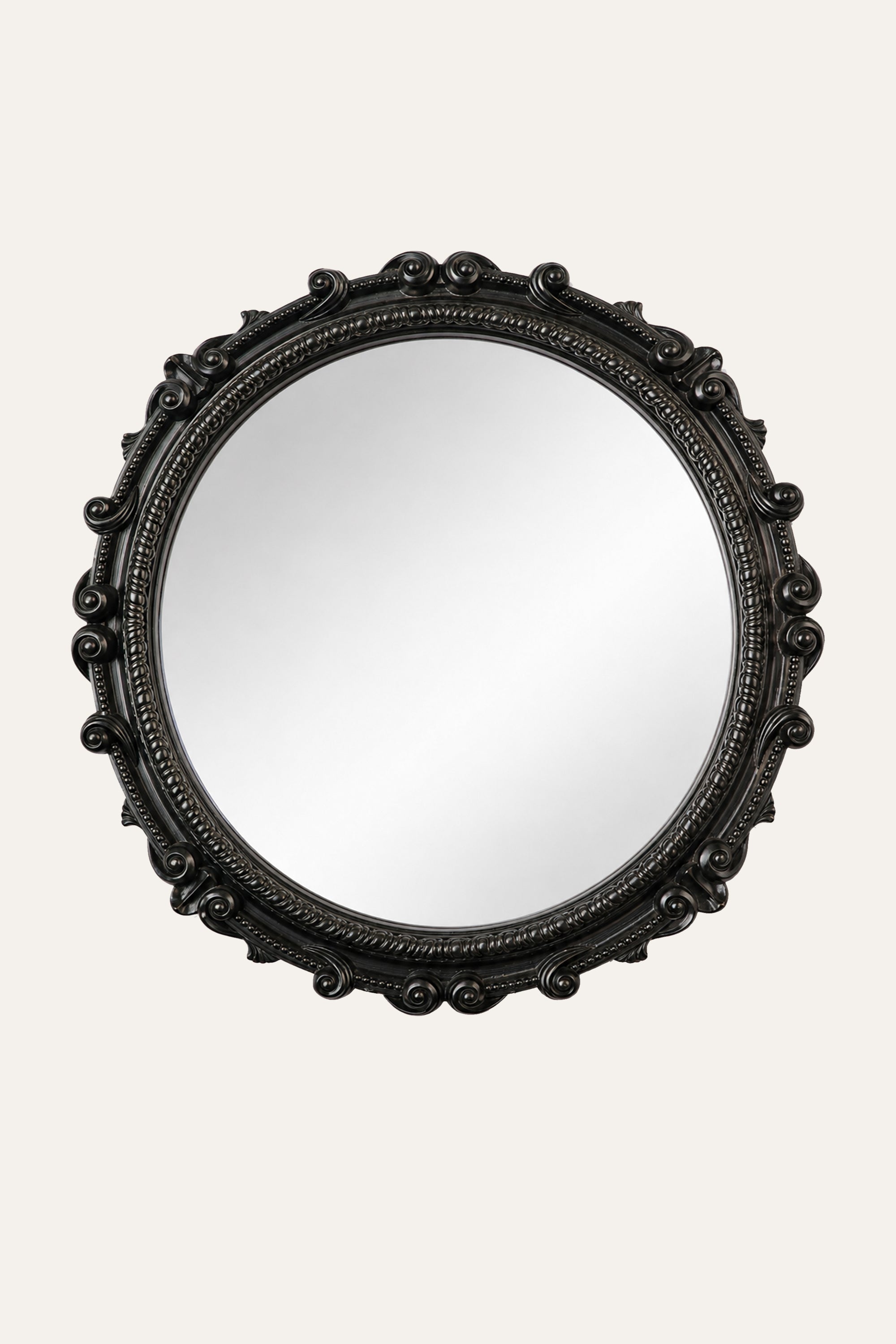 Black Carved Round Wooden Mirror for Living Room Wall