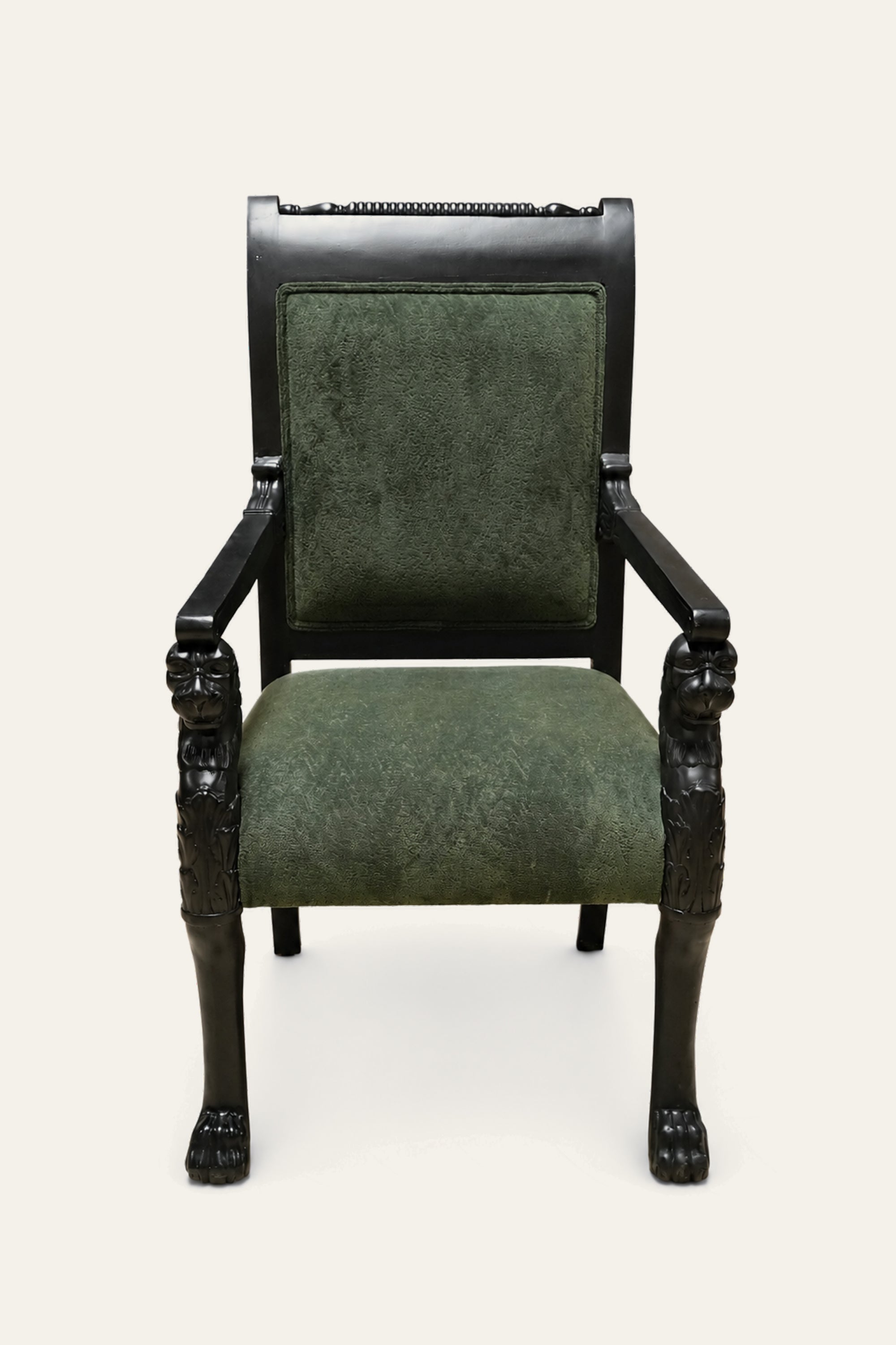 Empire Revival Style Carved Dark Green Upholstered Armchair