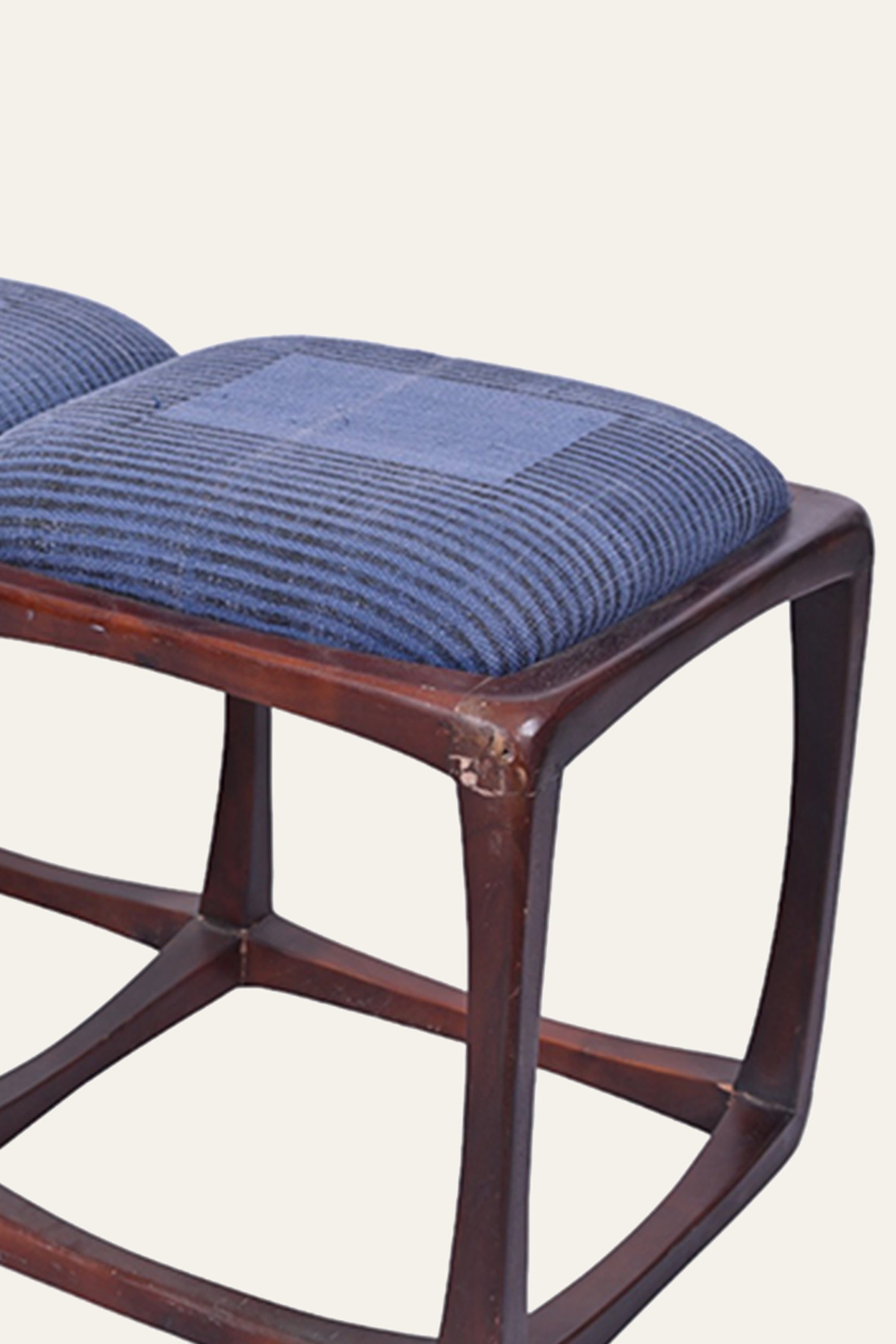 Blue Striped Solid Wood Bench with Geometric Cross Base