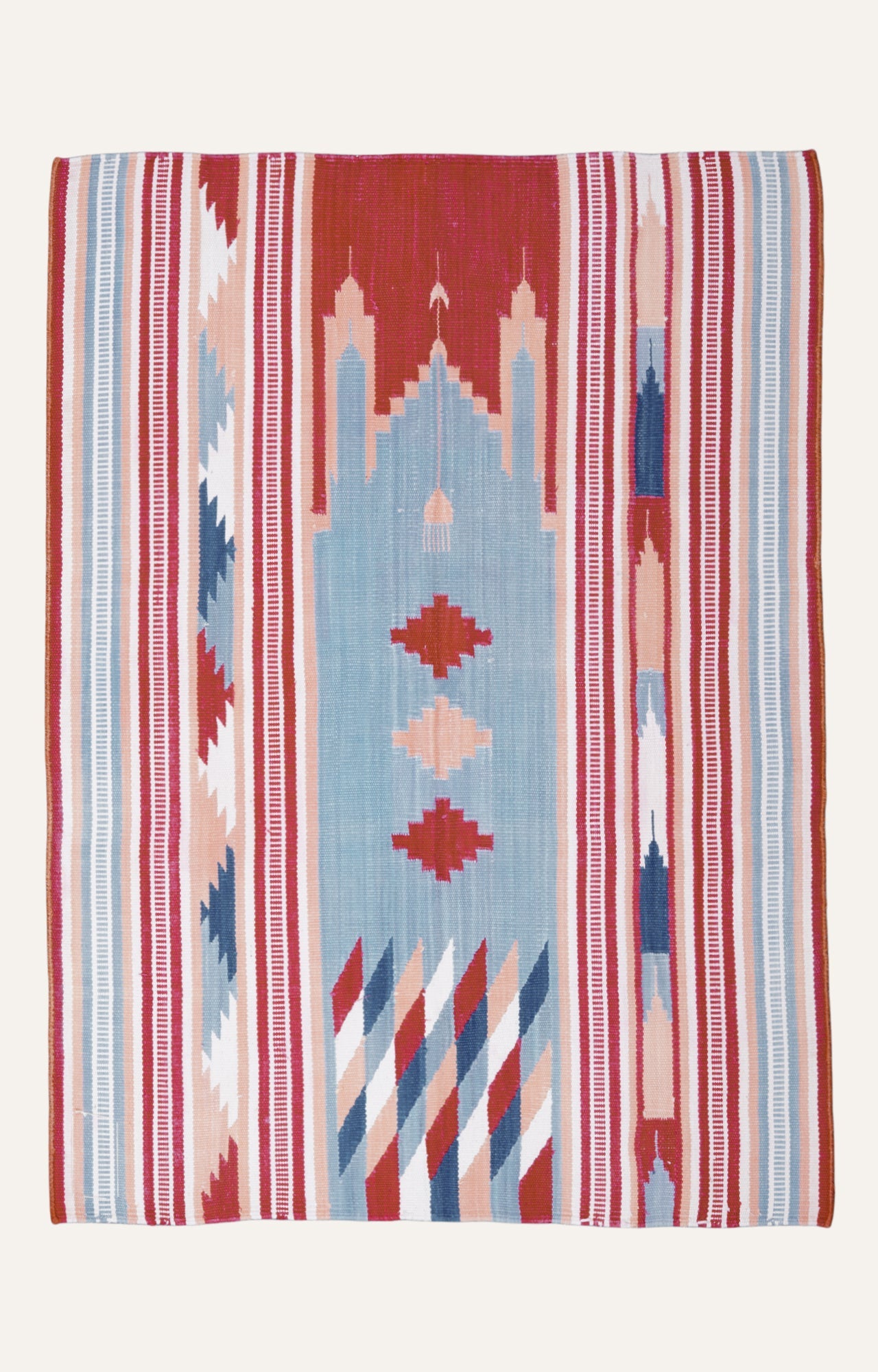Architectural Motif Flatweave Rug in Terracotta & Sky Blue