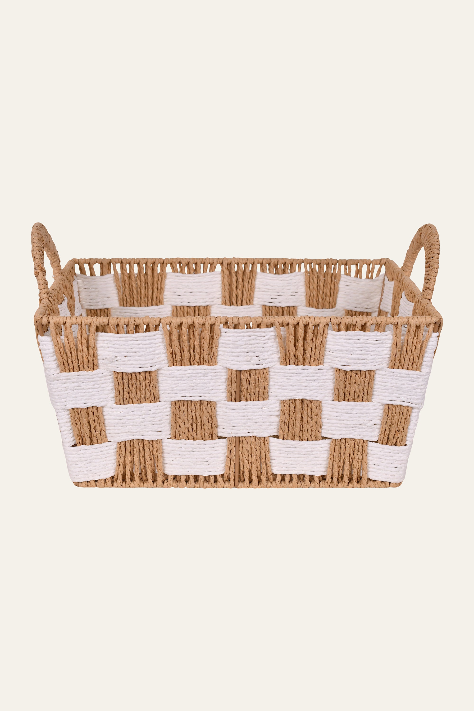 Brown & White Checkered Woven Storage Basket – Large