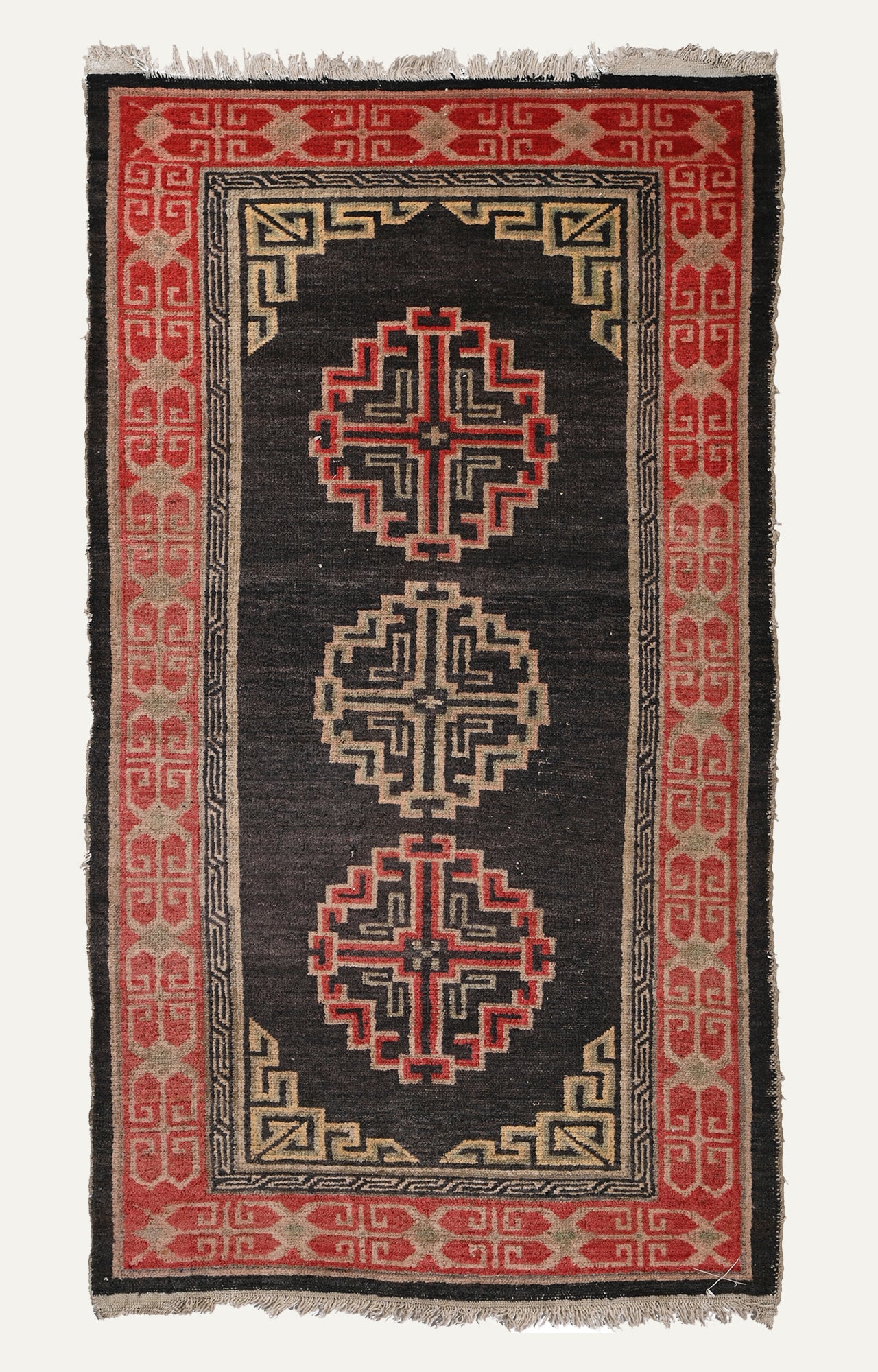 3 x 6 Ft Gracefully aged tibetan handknotted carpet with distressed finish