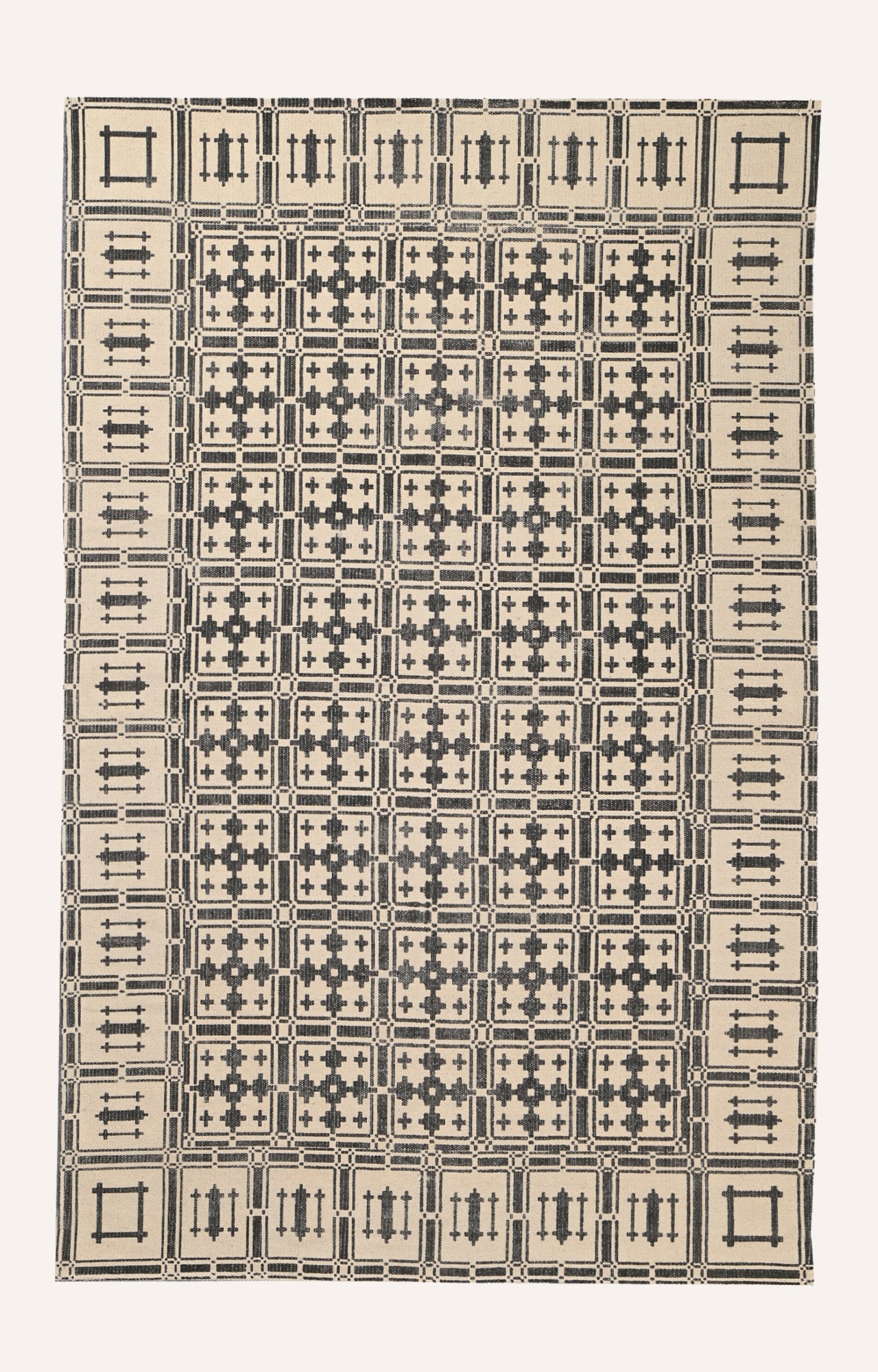 Handwoven Block Printed Trellis Area Rug (Beige)