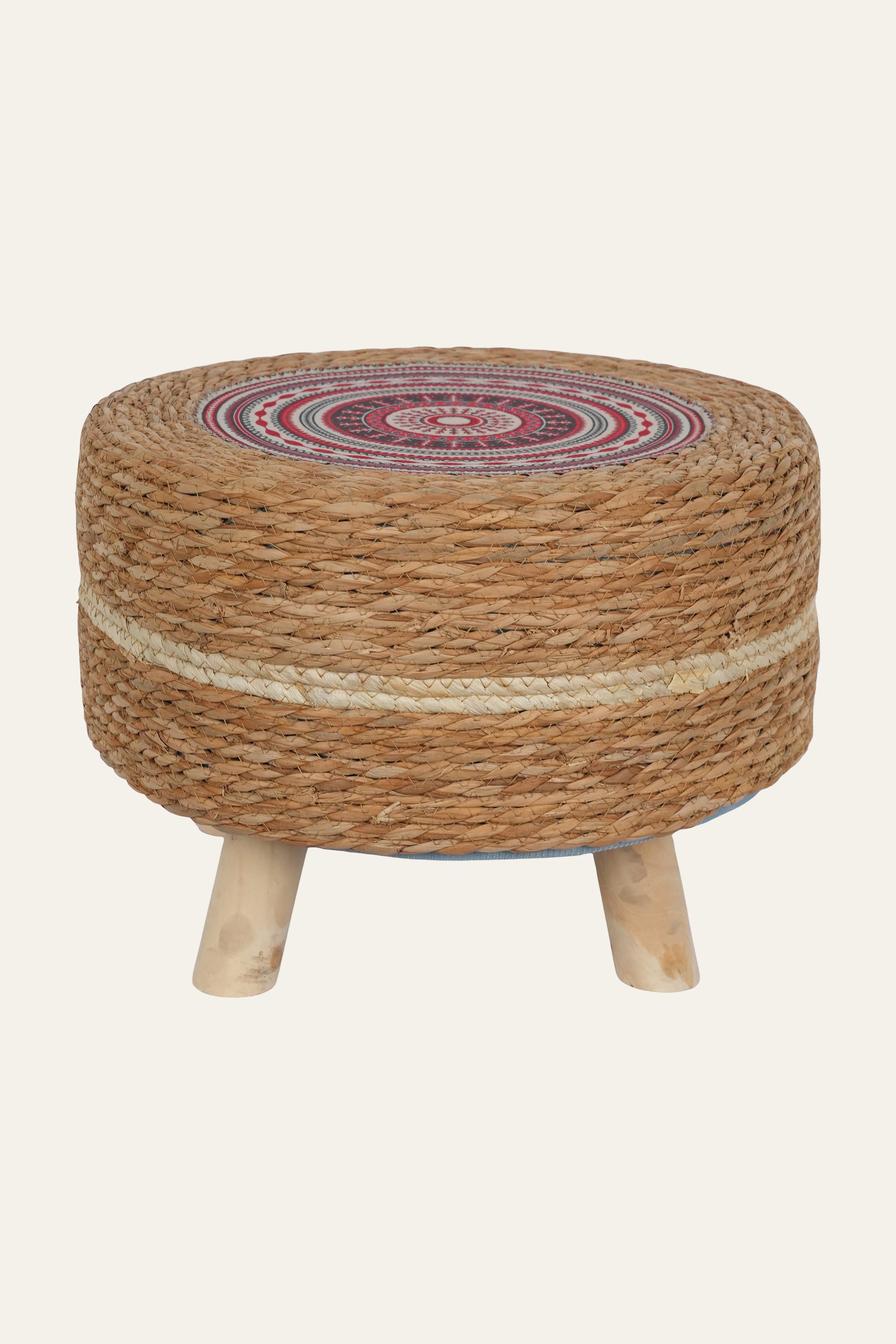 Handwoven Natural Fibre Round Accent Stool in Wood