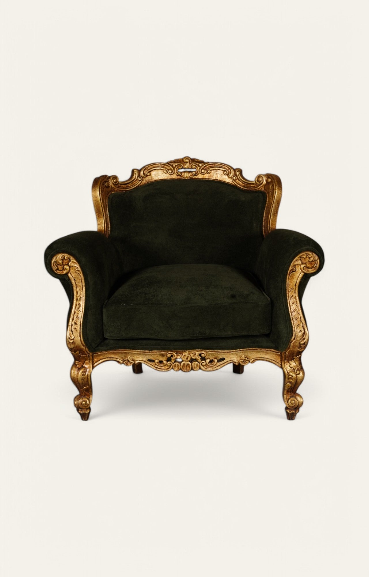 Baroque Velvet Armchair in Antique Gold Teak