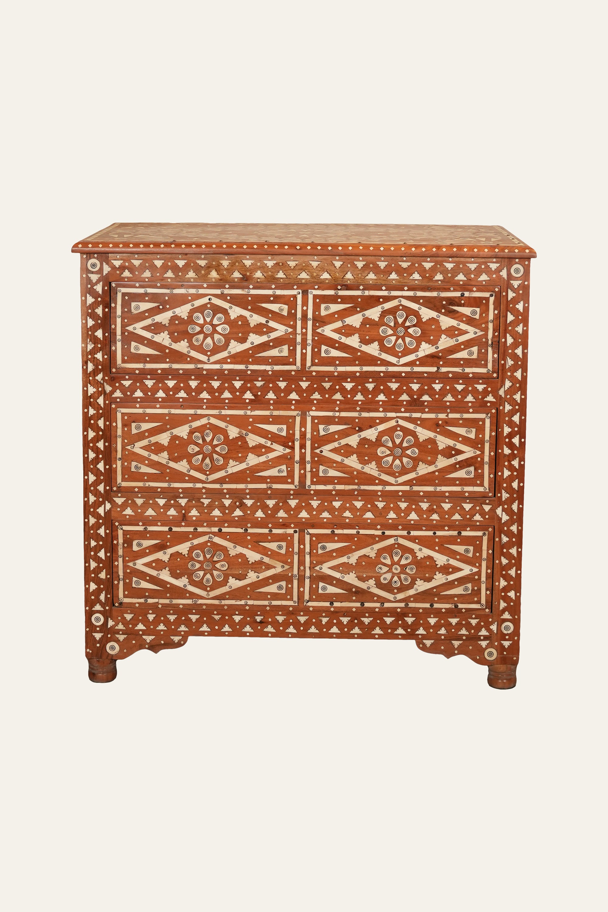 Rajasthani Style Floral Bone Inlay Wooden Chest of Drawers