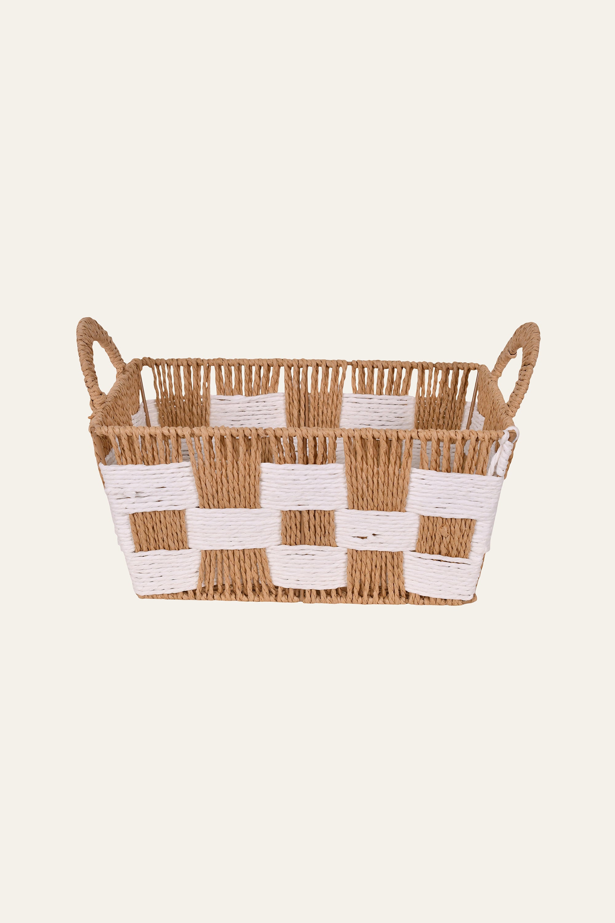 Brown & White Checkered Woven Storage Basket – Medium