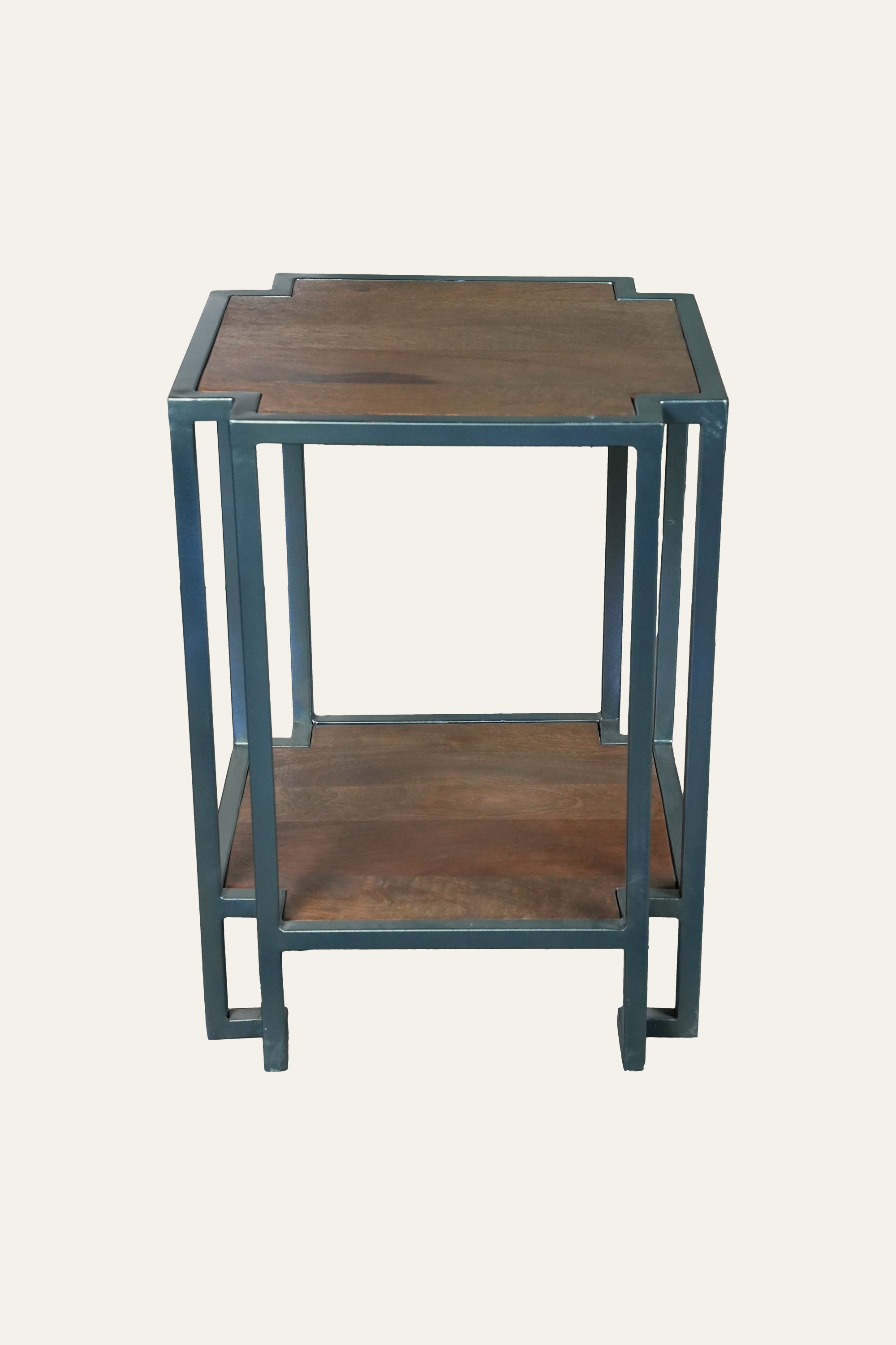 Industrial Two Tier Wood Side Table in Metal Frame