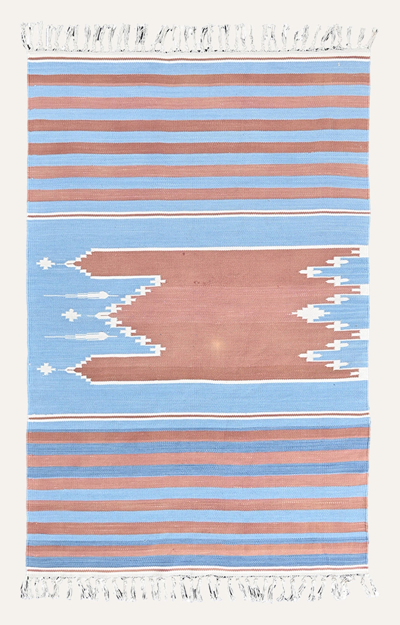 Sky Blue & Terracotta Tribal Striped Rug with Tassels