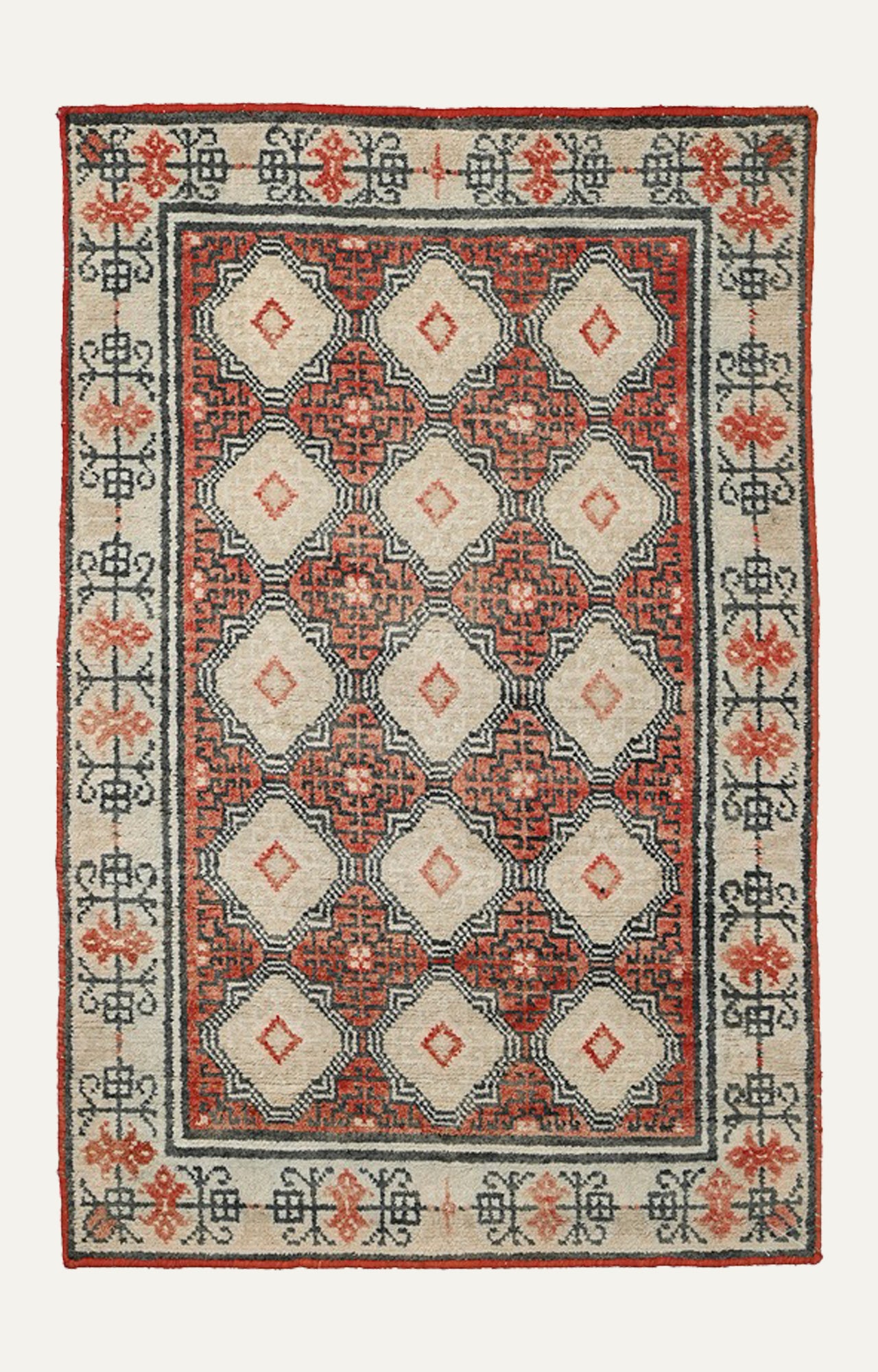 3.6  x 5.9 Ft Cotton Handwoven Vintage Tibetan Thick Pile Geometric Carpet3 x 6 Ft 80 years Old Cotton Tibetan Carpet 100% Hand-spun Yarn