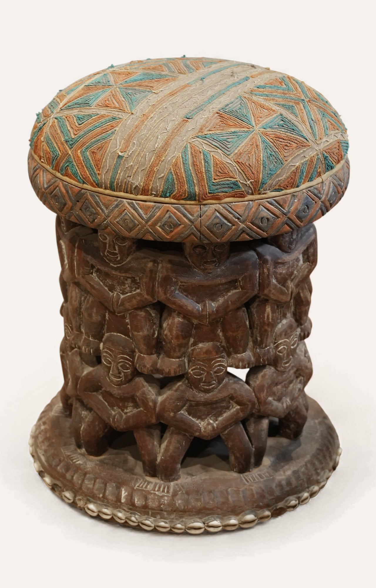 Tribal Carved Figure Stool with Embroidered Seat