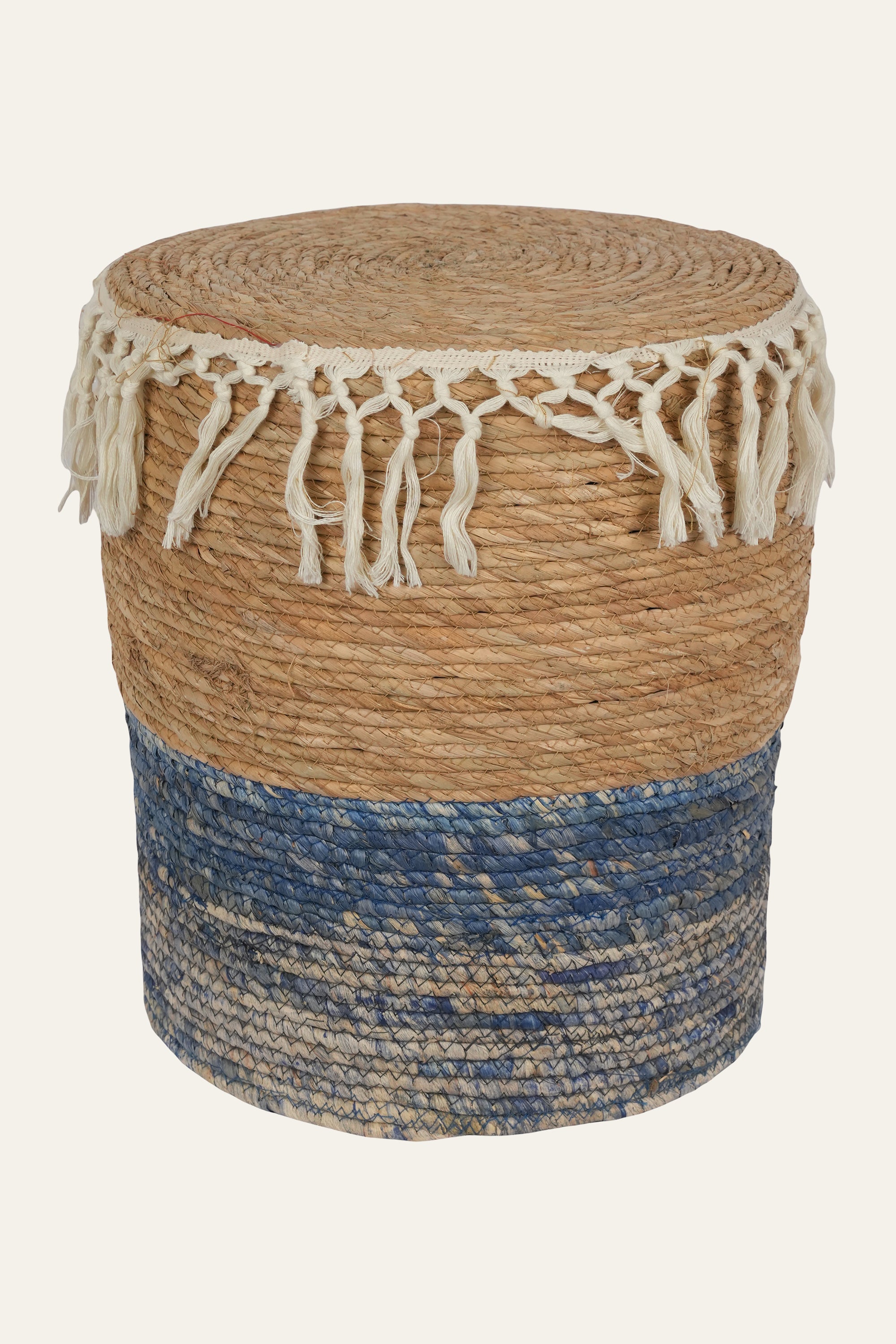 Dual Toned Natural Fibre Tassel Pouf in Wood