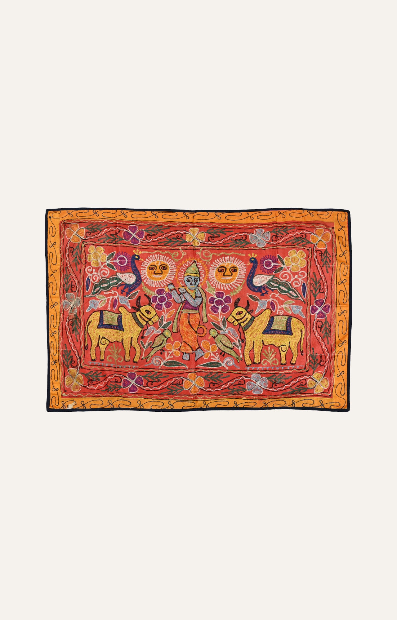 Lord Krishna with Cows and Peacock Cotton Kutch Embroidered Wall hanging