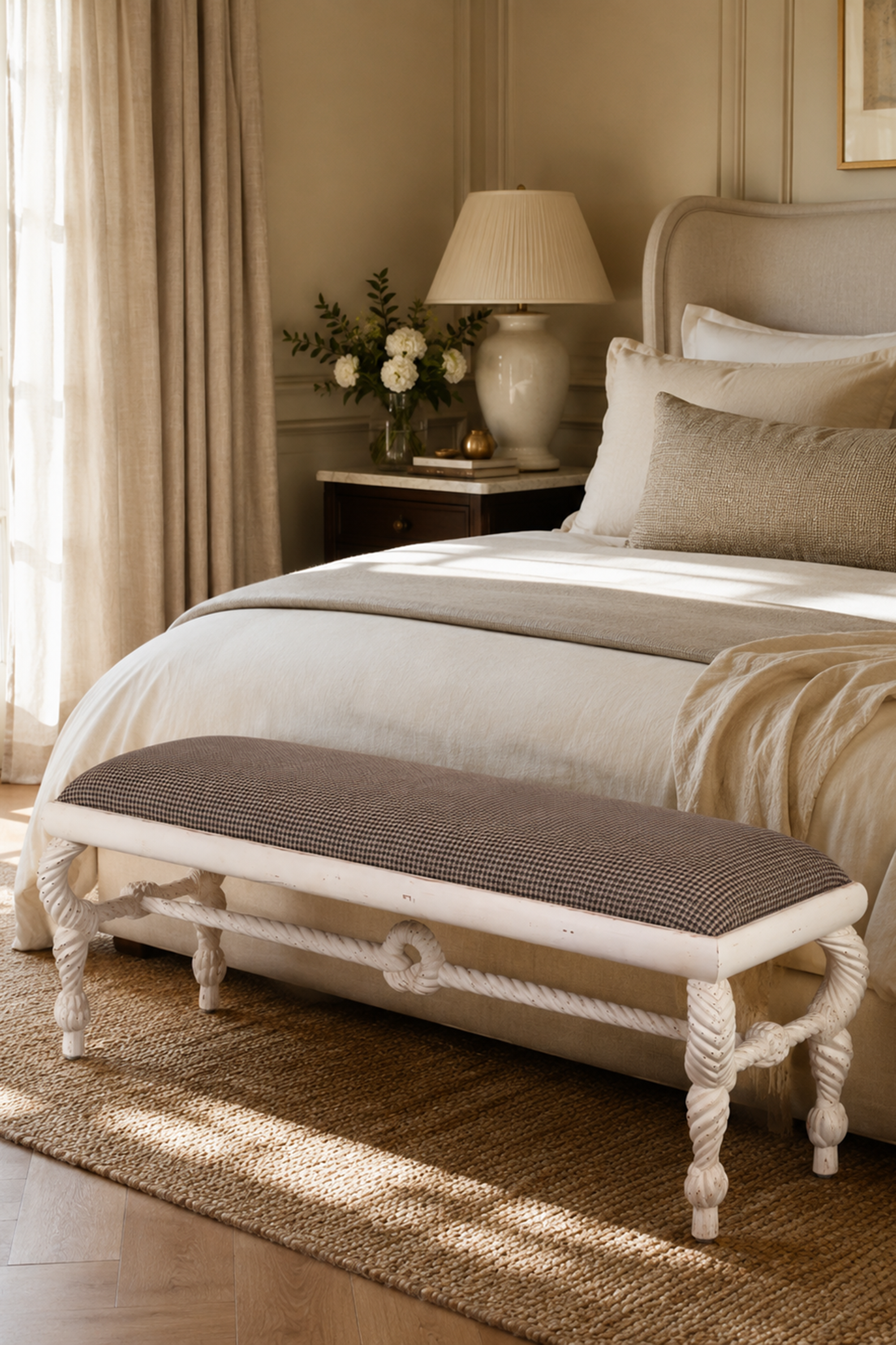 Cream Upholstered Wood Bench with Rope Style  Stretcher Base