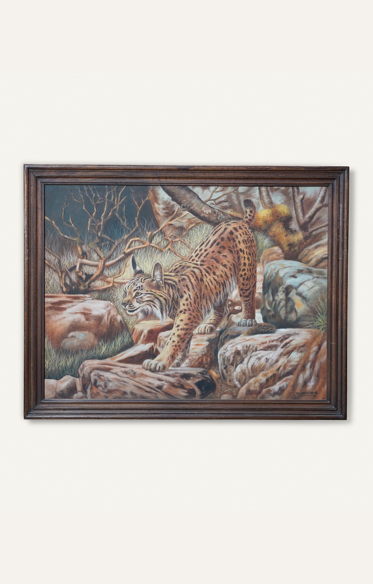 Leopard chasing prey oil painting with antique wooden frame