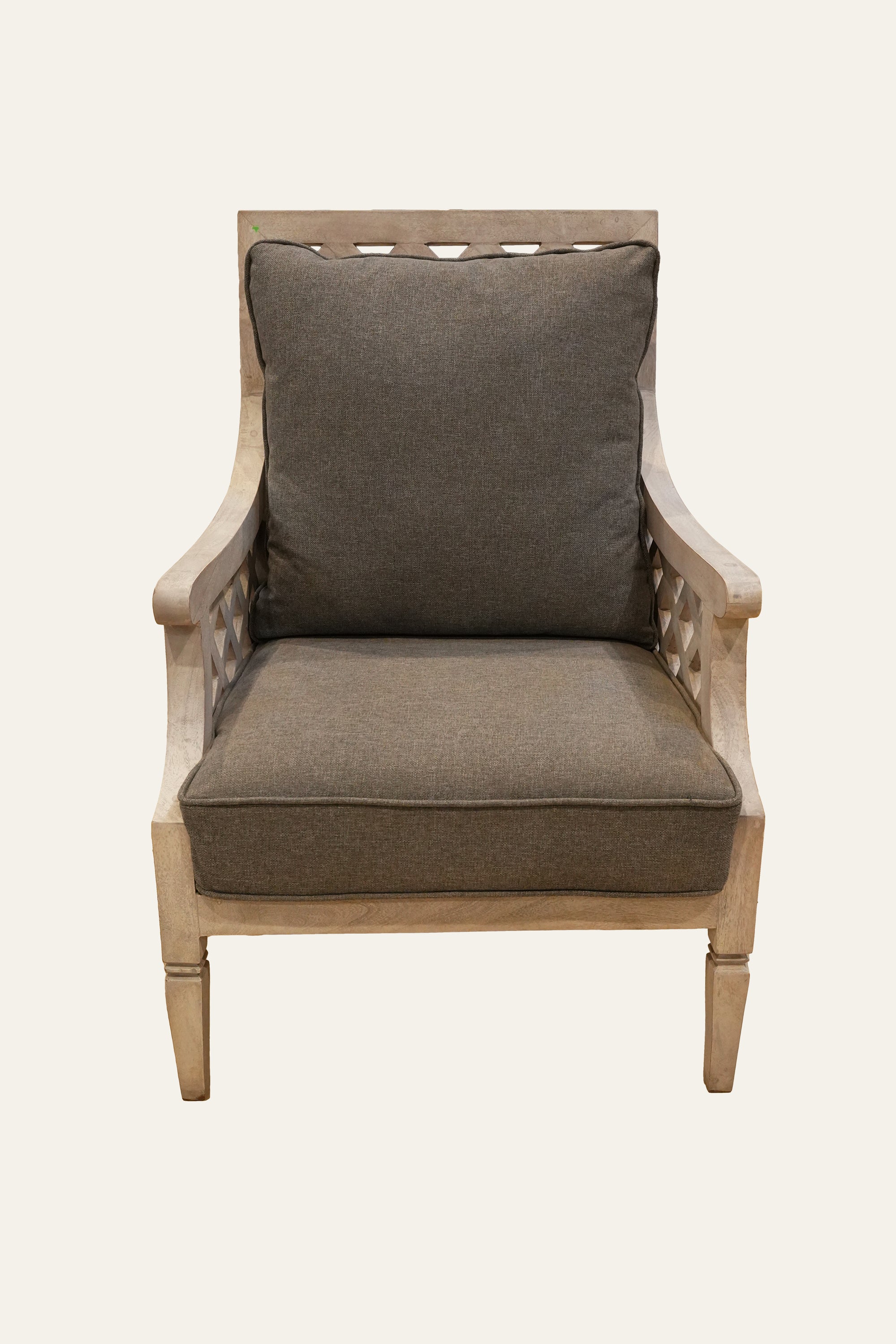 Light Brown Lattice Armchair with Grey Upholstery