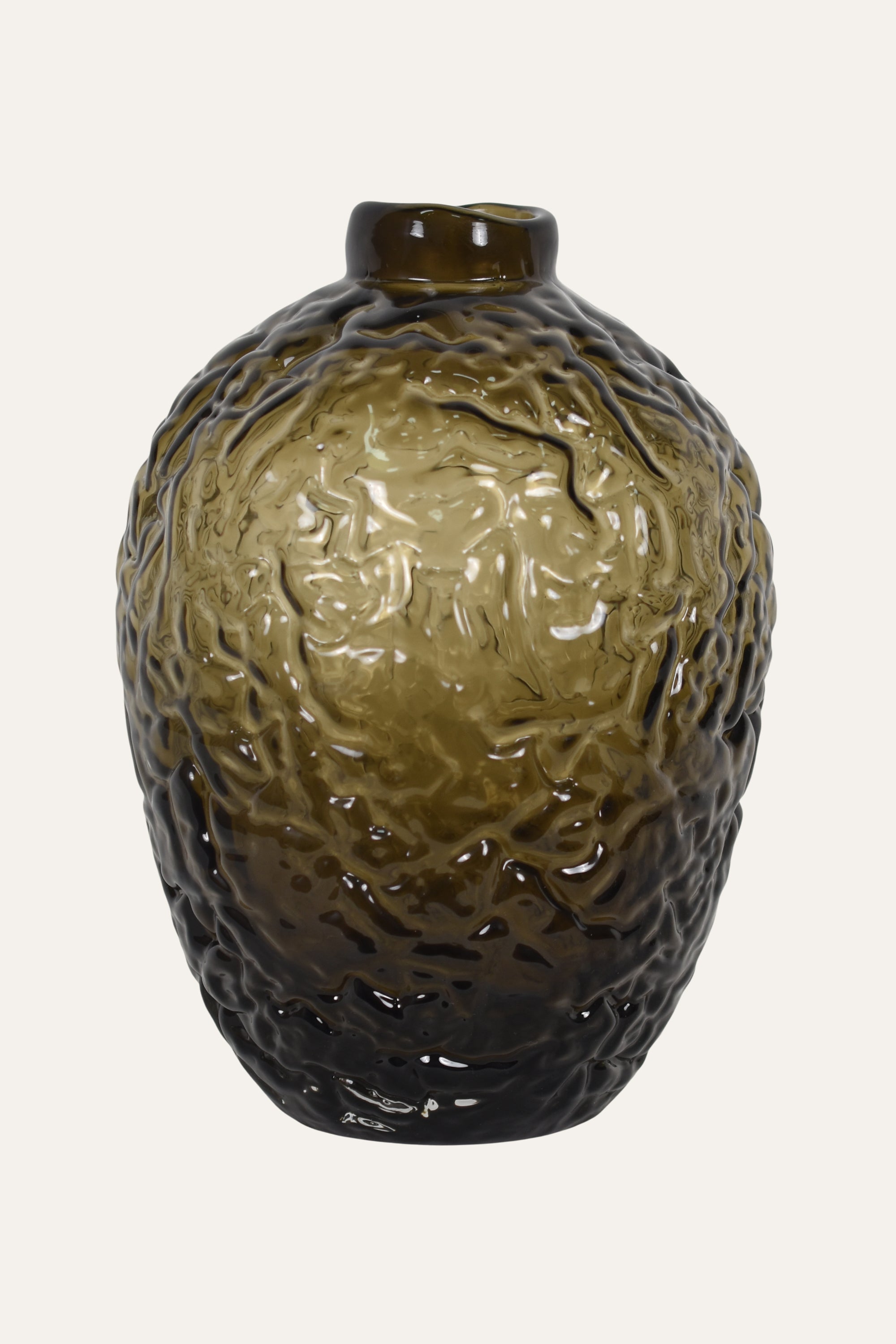 Artistic Textured HandBlown Colored Glass Vase in Smoky Olive Luxury Table Accent
