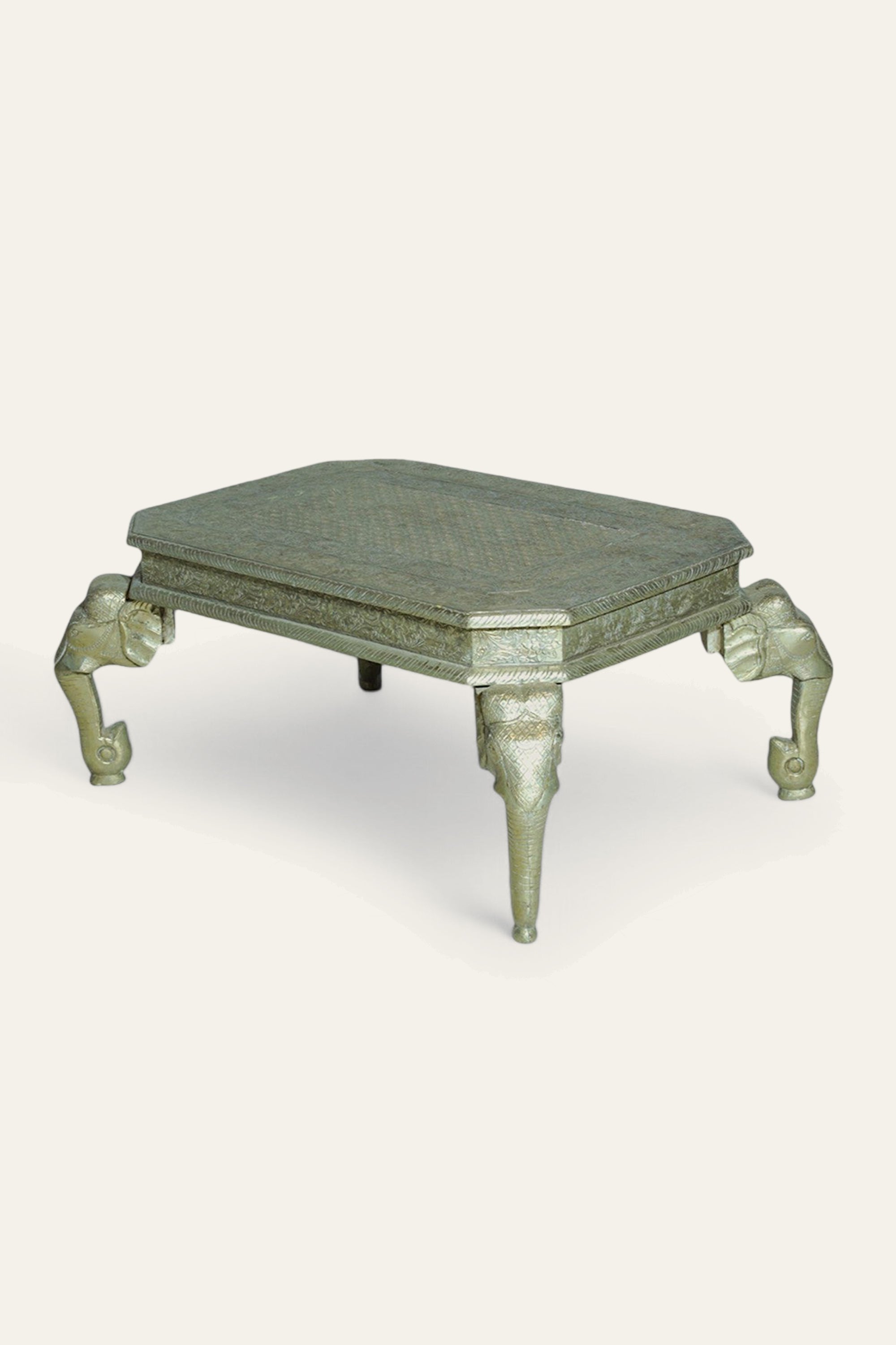 Heritage Style White Metal Coffee Table with Carved Elephant Motif Legs